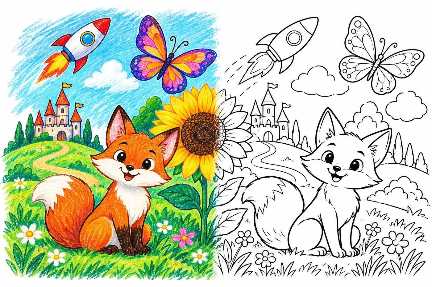 A fox in a meadow — the left half colored in with crayons, the right half still black-and-white line art