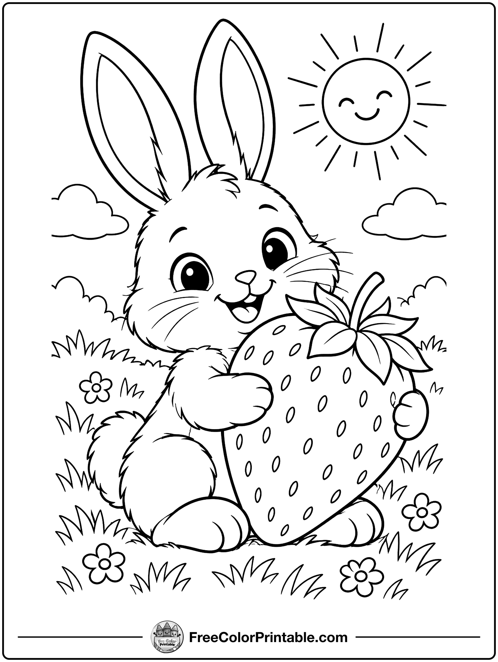 Baby Bunny with a Strawberry Coloring Page — free color printable