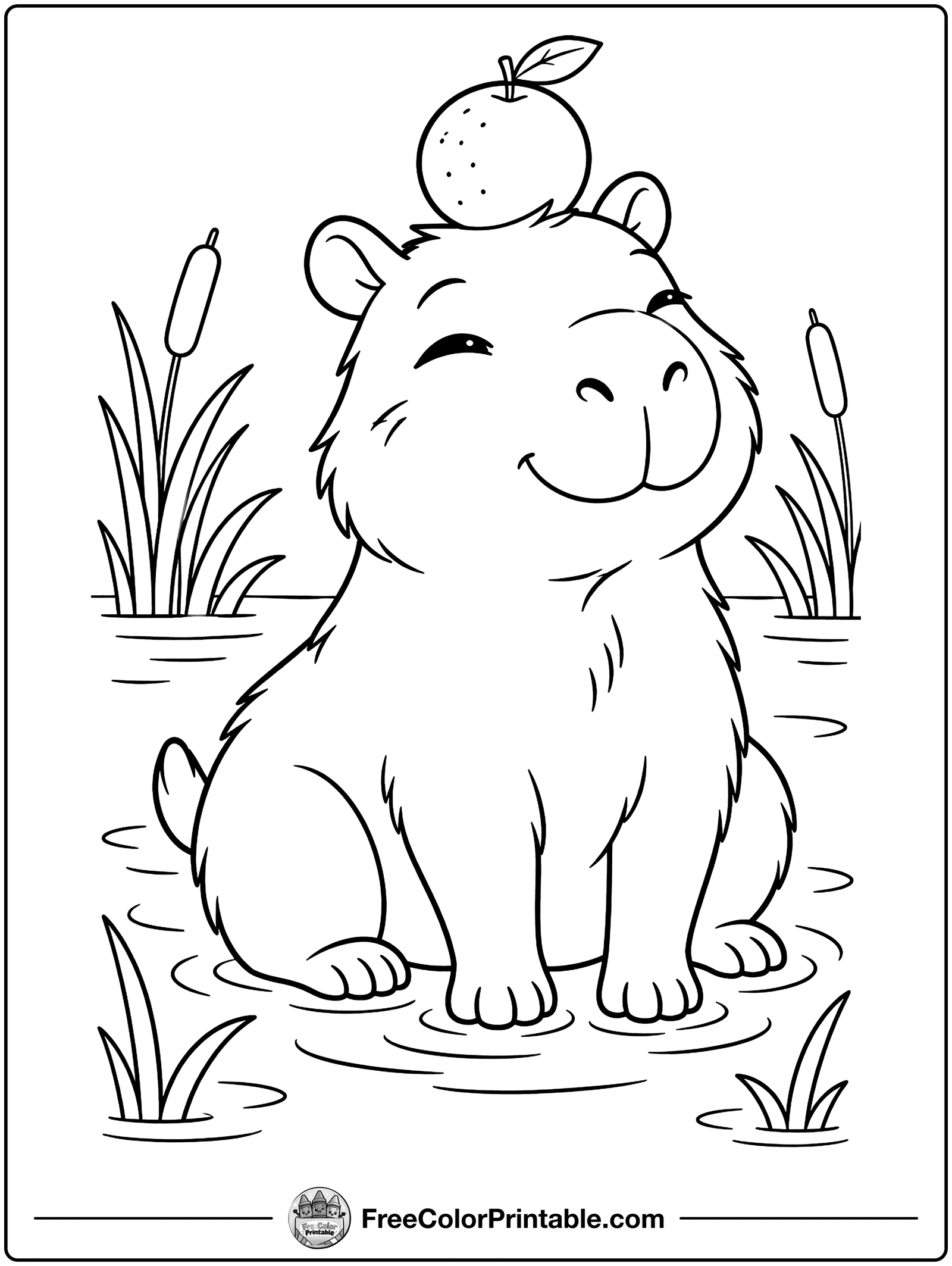 Baby Capybara with an Orange Coloring Page — free color printable
