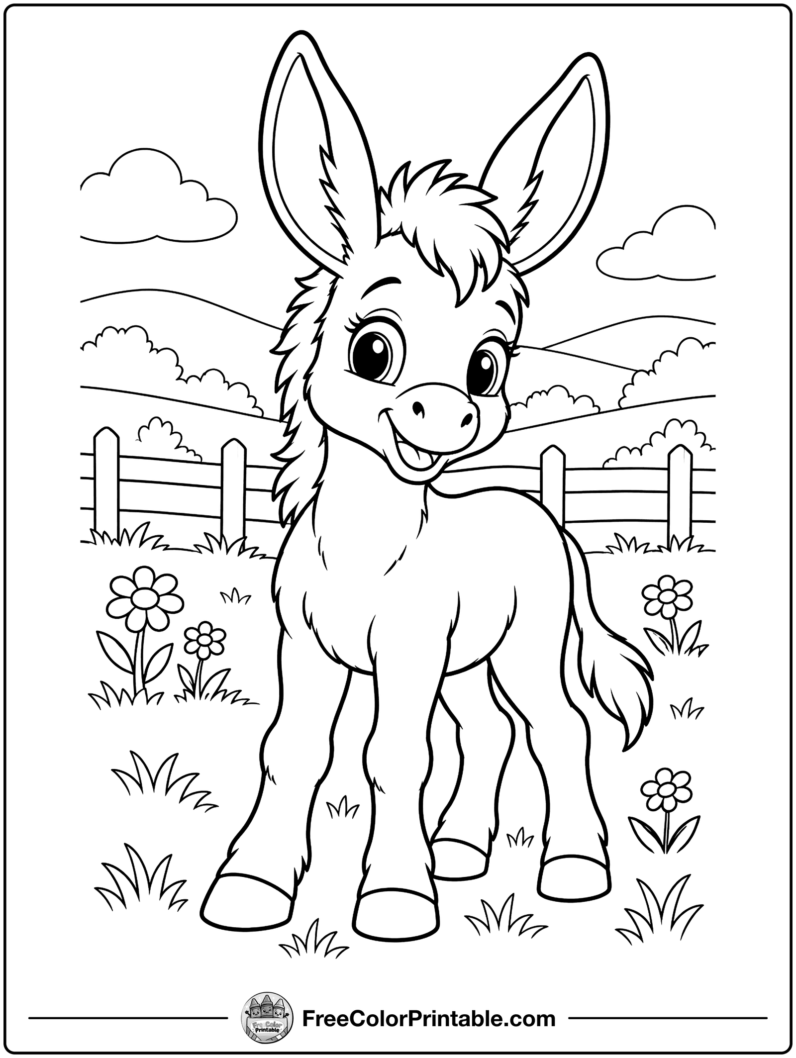 Baby Donkey with Big Ears Coloring Page — free color printable