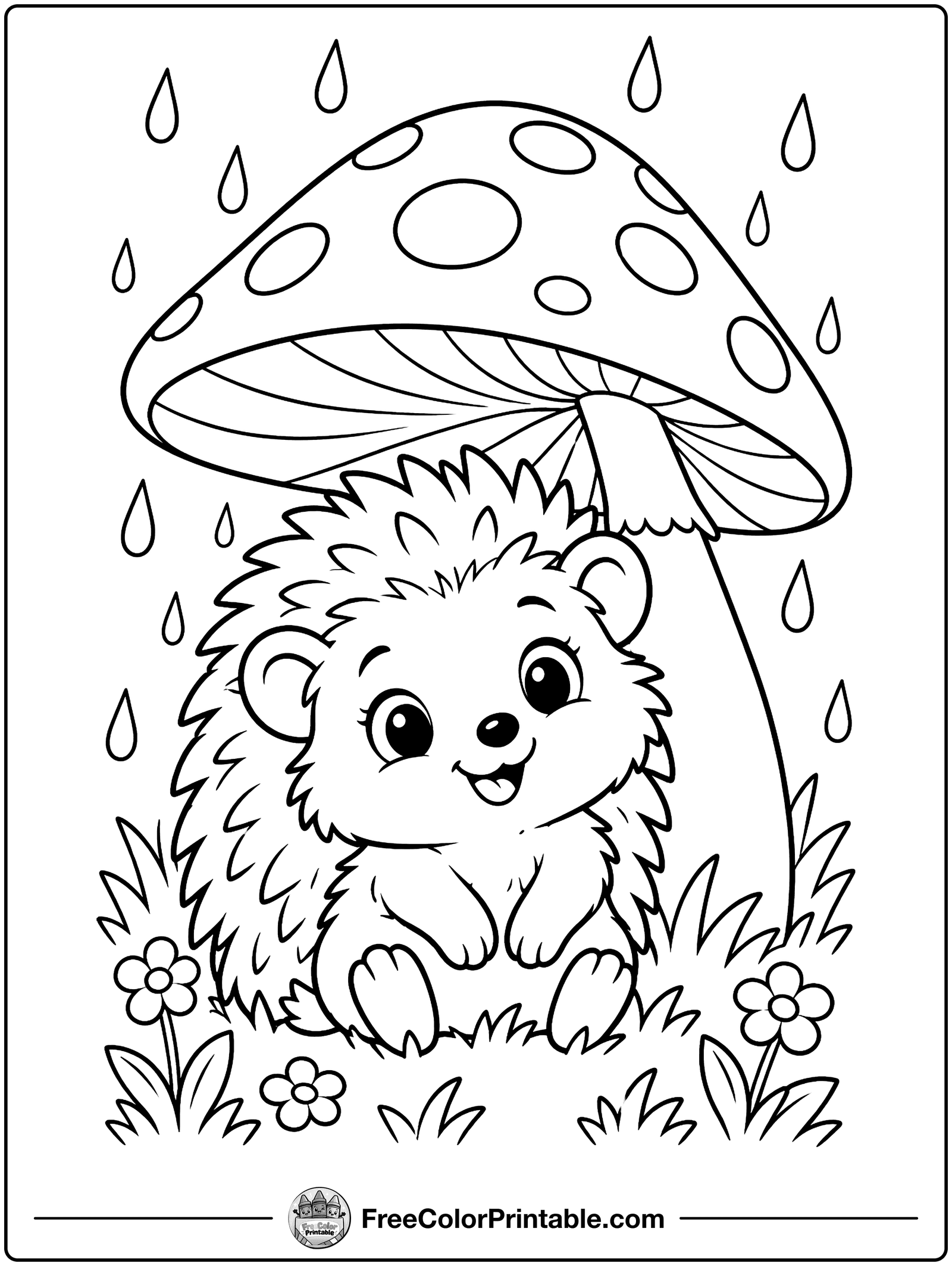 Baby Hedgehog Under a Mushroom Coloring Page — free color printable