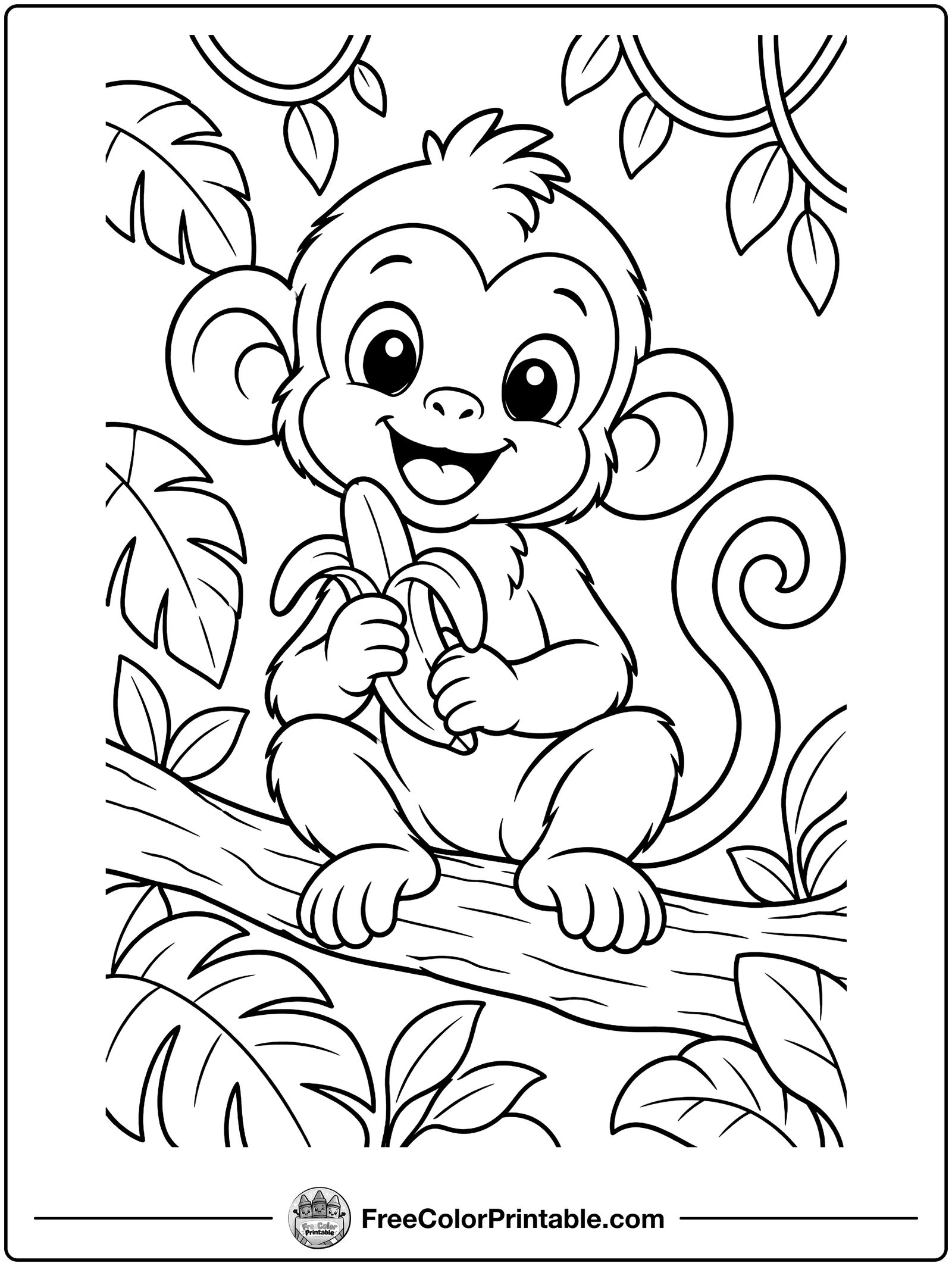 Baby Monkey with a Banana Coloring Page — free color printable