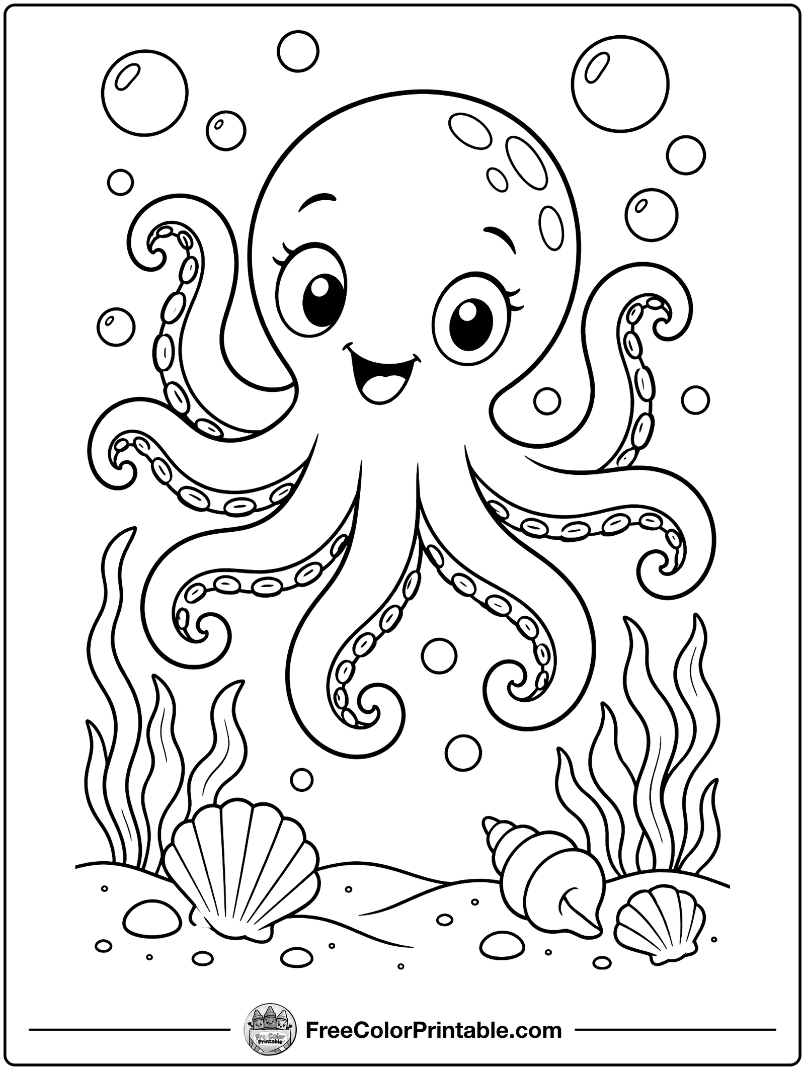 Baby Octopus with Bubbles Coloring Page — free color printable