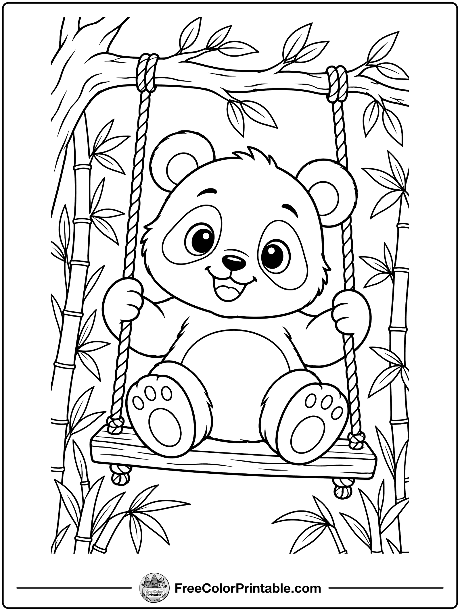 Baby Panda on a Swing Coloring Page — free color printable