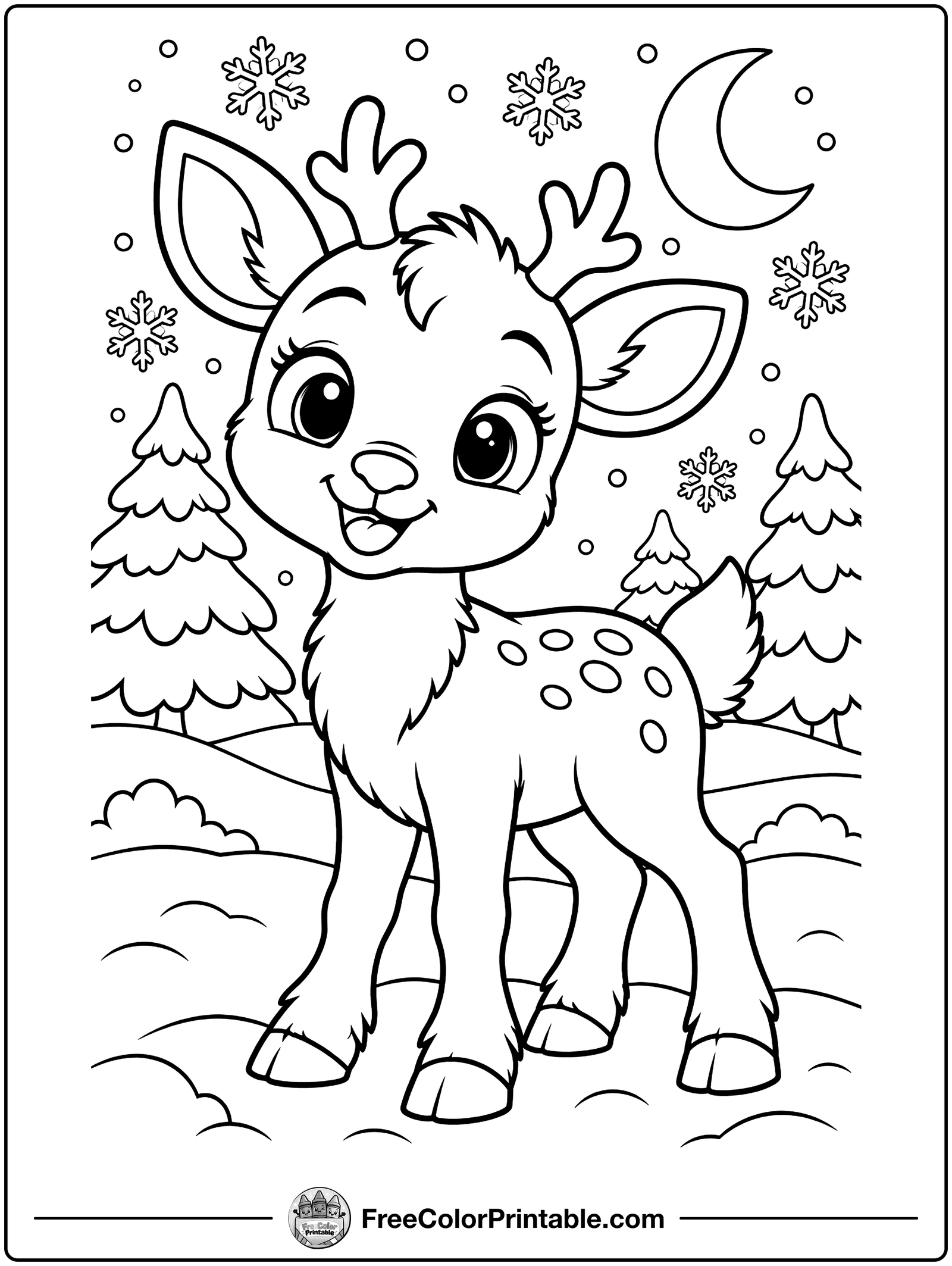 Baby Reindeer in the Snow Coloring Page — free color printable