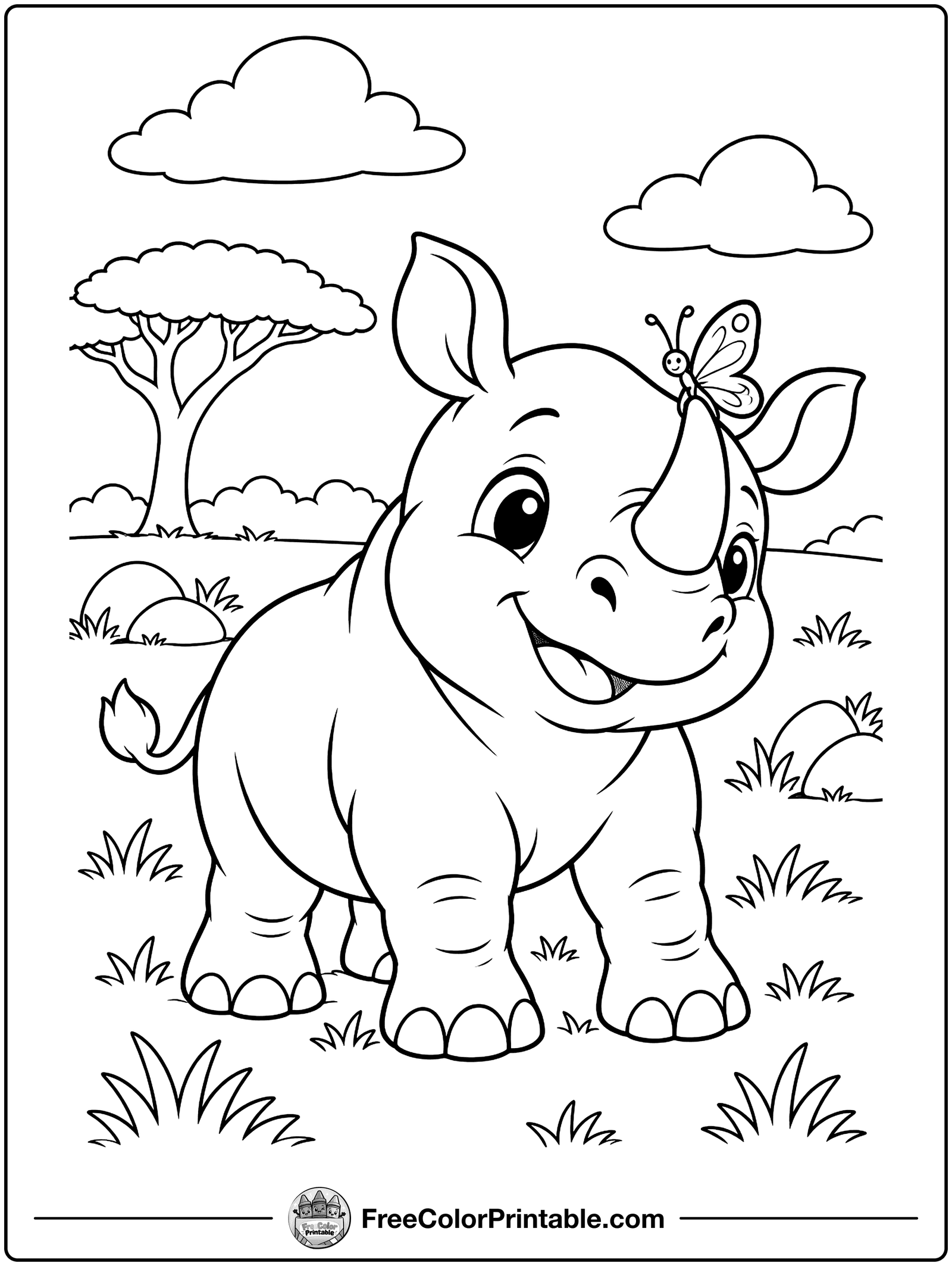 Baby Rhino with a Butterfly Coloring Page — free color printable