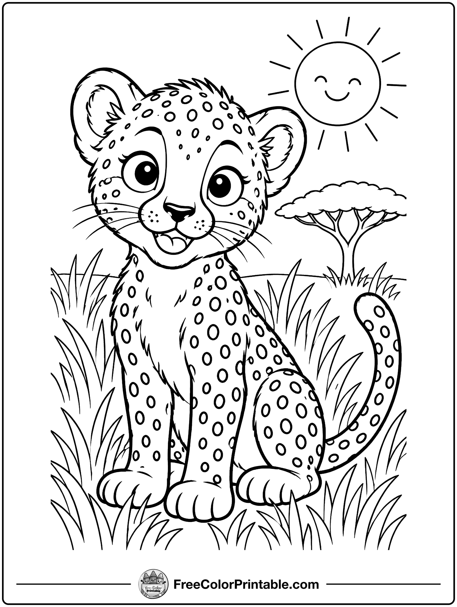 Cheetah Cub in the Grass Coloring Page — free color printable