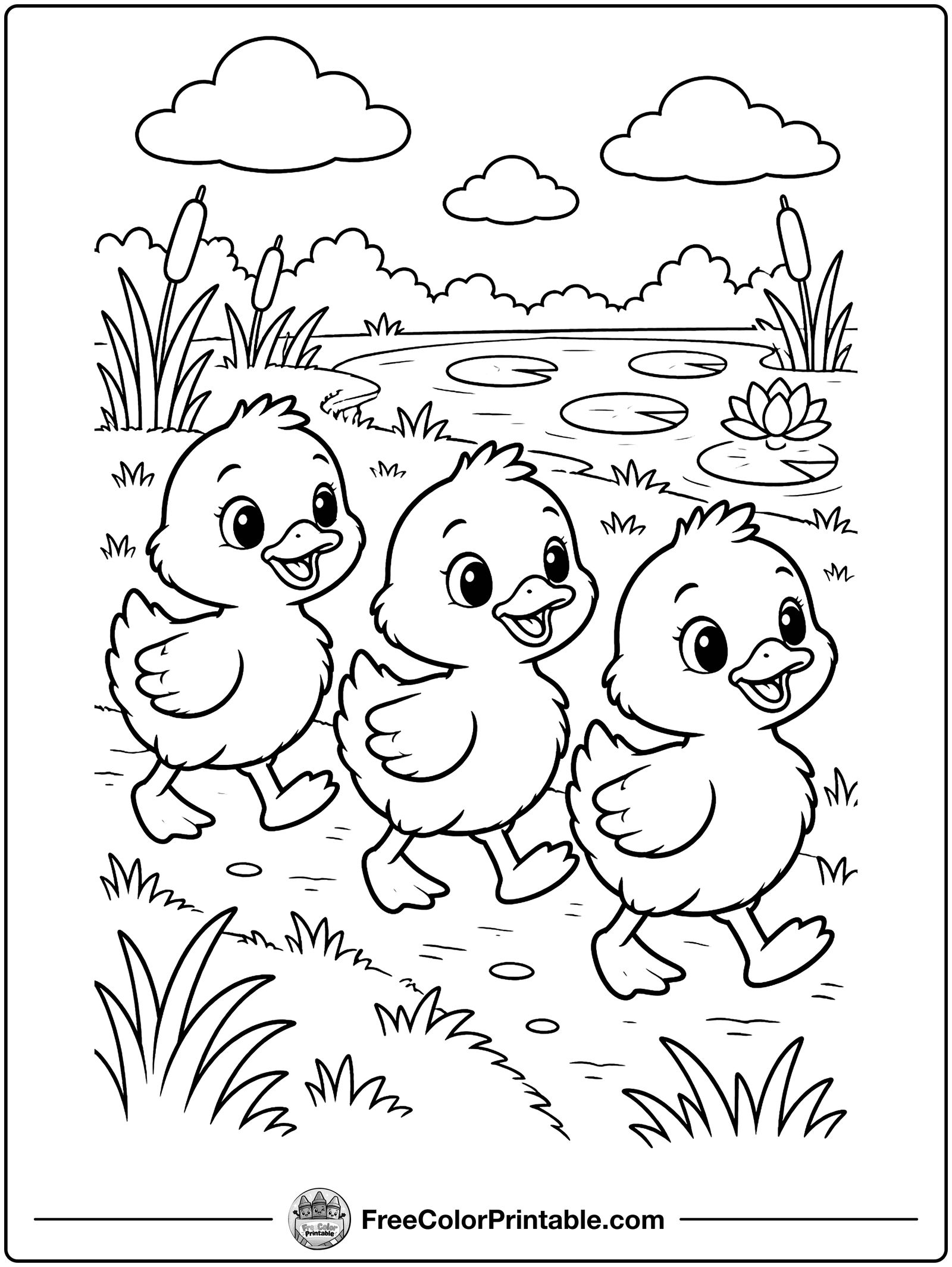 Ducklings in a Row Coloring Page — free color printable