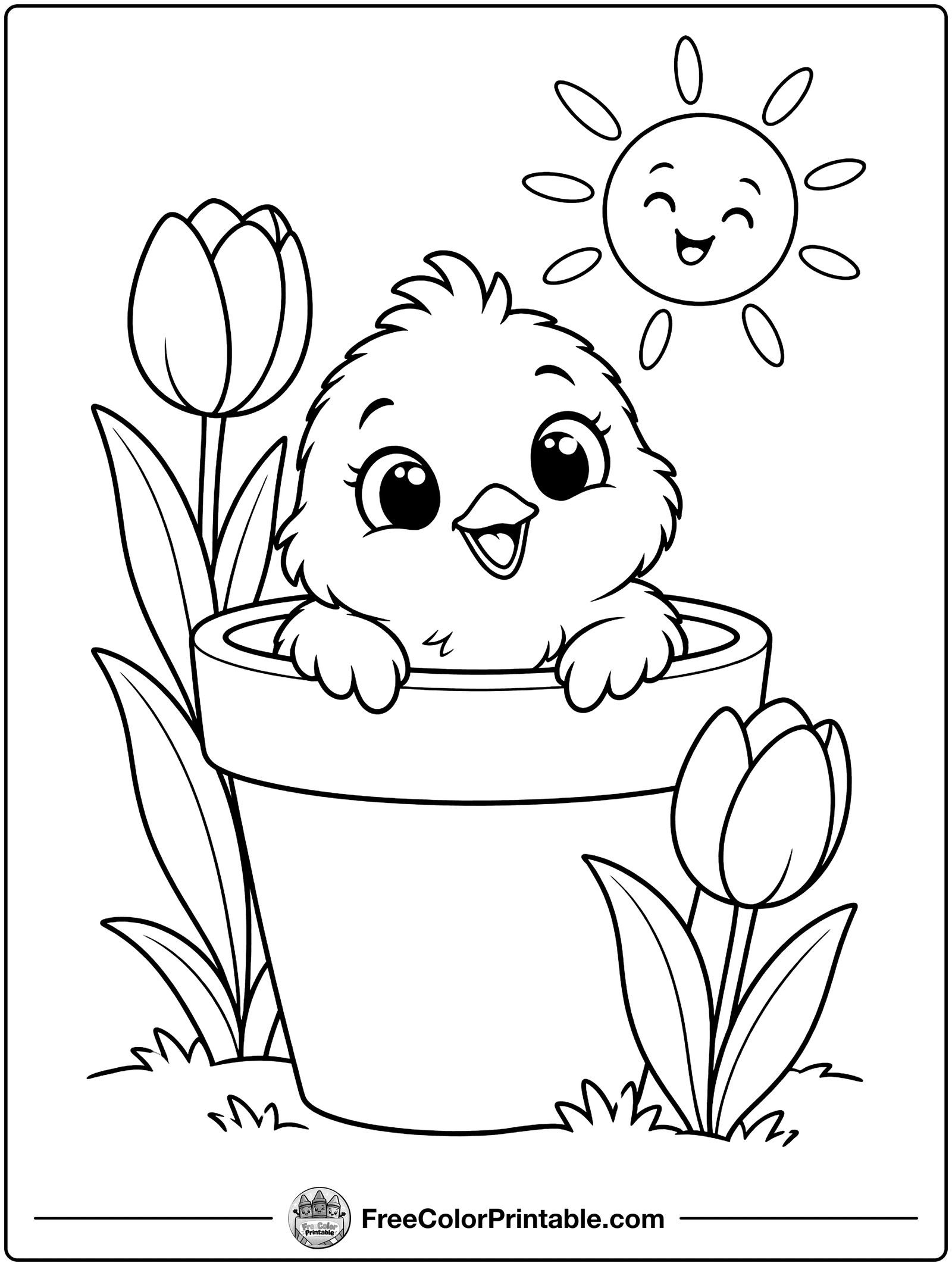 Fluffy Chick in a Flowerpot Coloring Page — free color printable