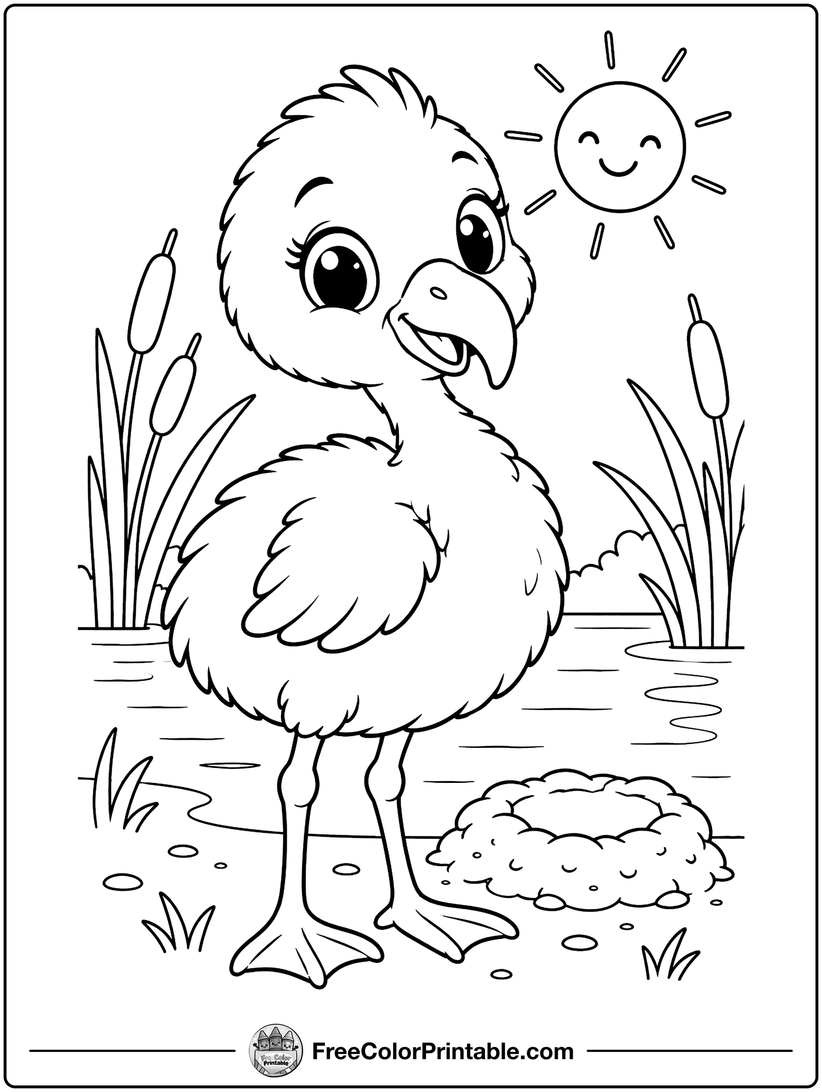 Fluffy Flamingo Chick Coloring Page — free color printable