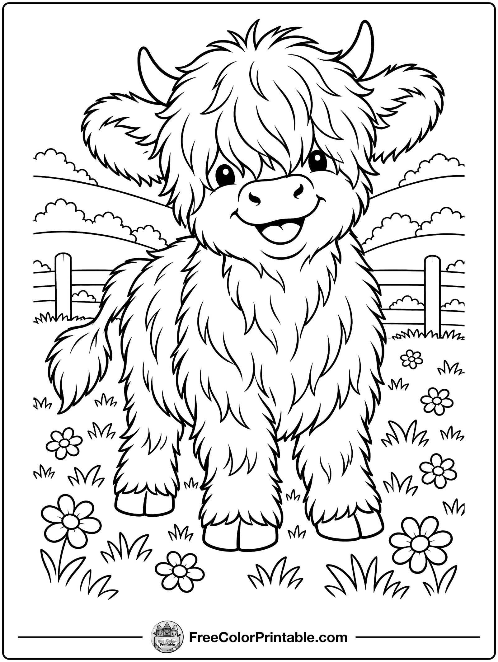 Fluffy Highland Cow Calf Coloring Page — free color printable