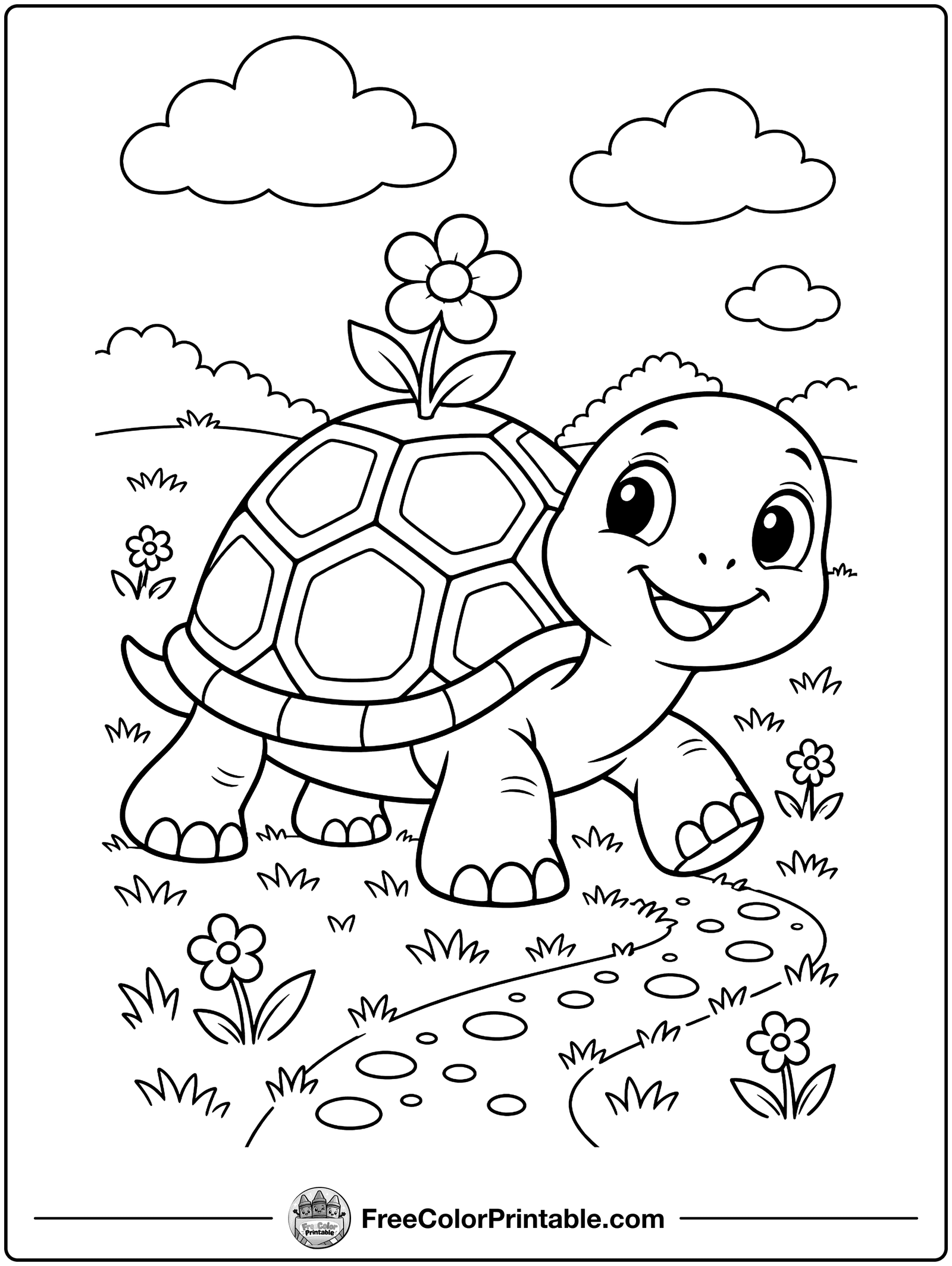 Little Turtle with a Flower Coloring Page — free color printable