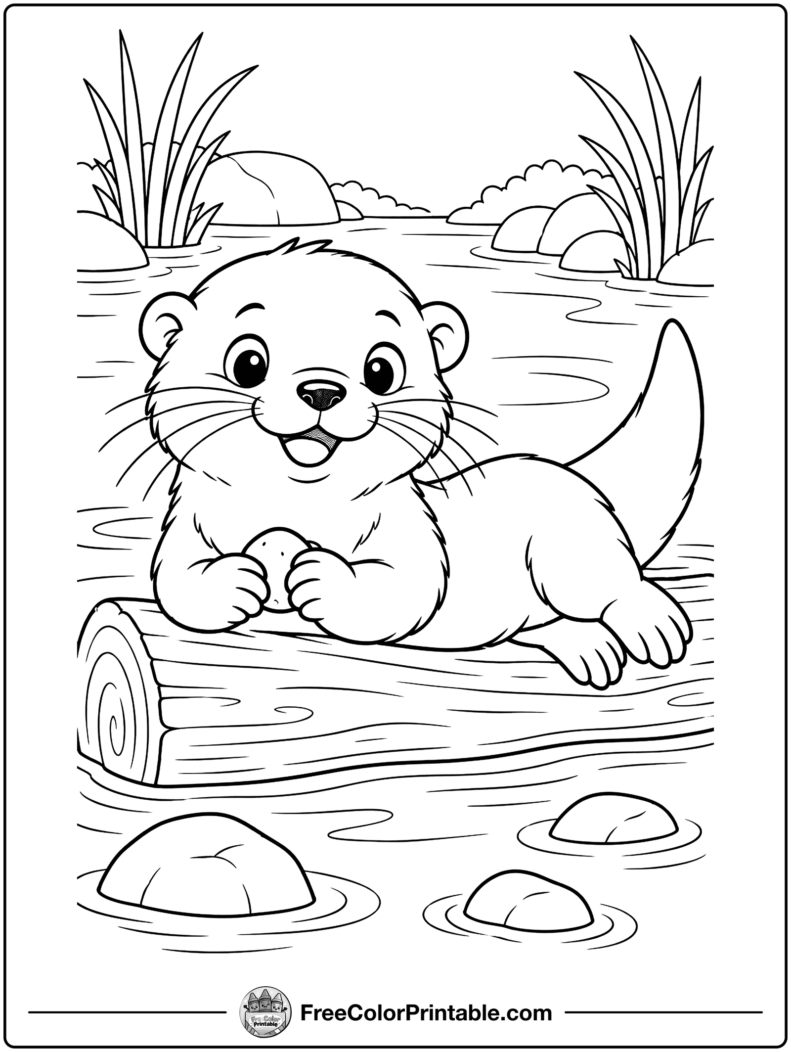 Otter Pup on a Log Coloring Page — free color printable