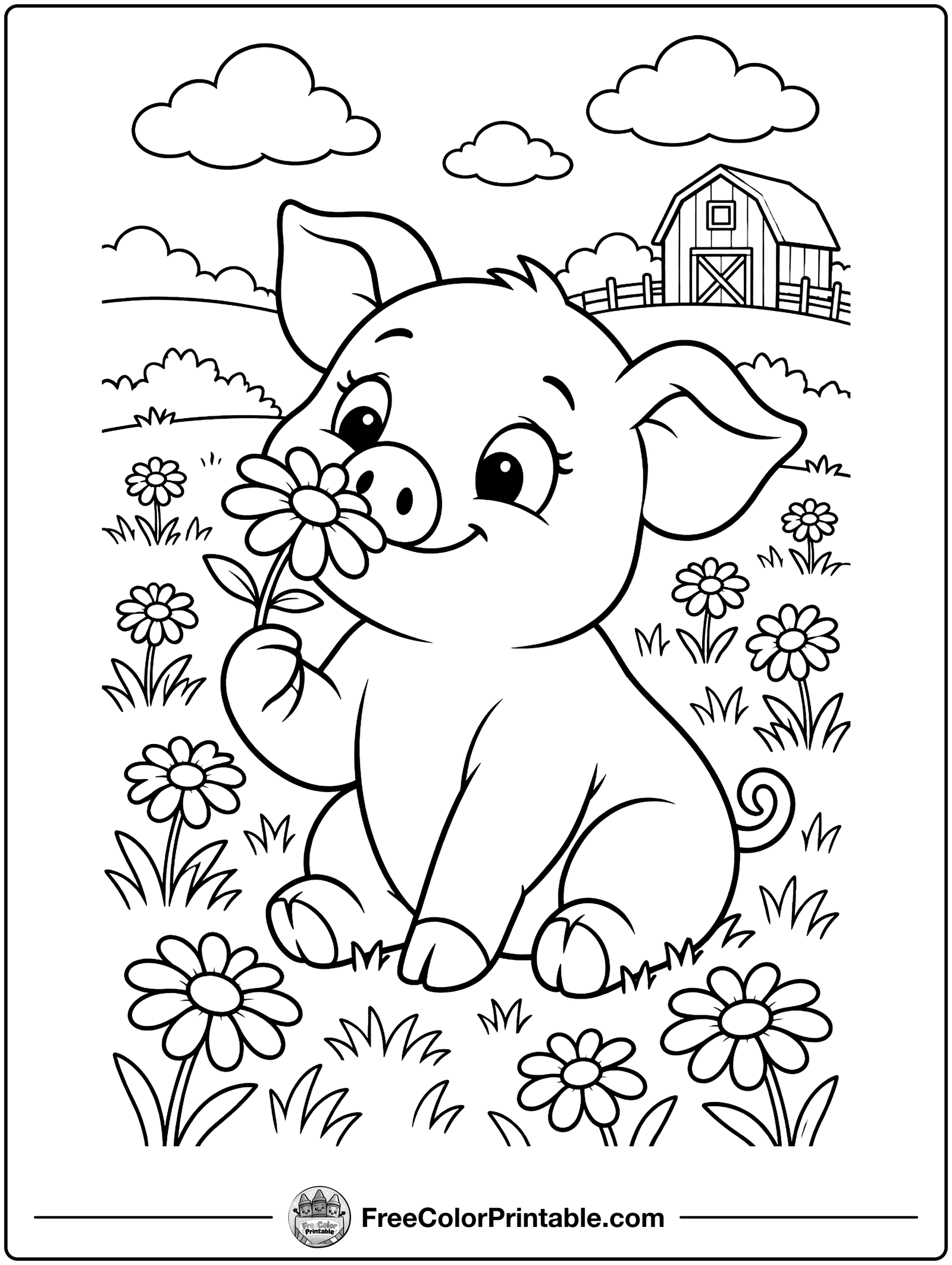 Piglet in a Flower Field Coloring Page — free color printable