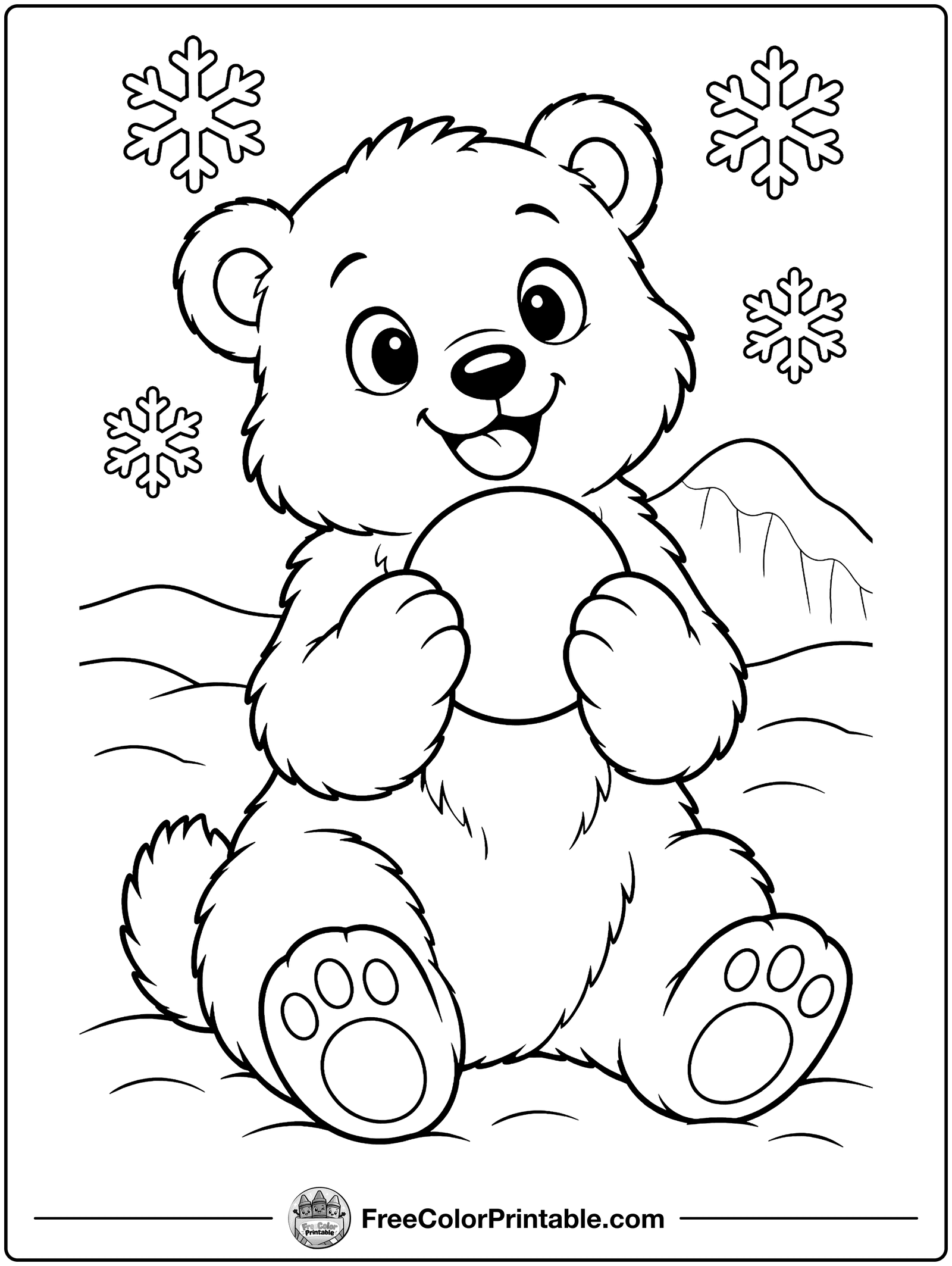 Polar Bear Cub with a Snowball Coloring Page — free color printable