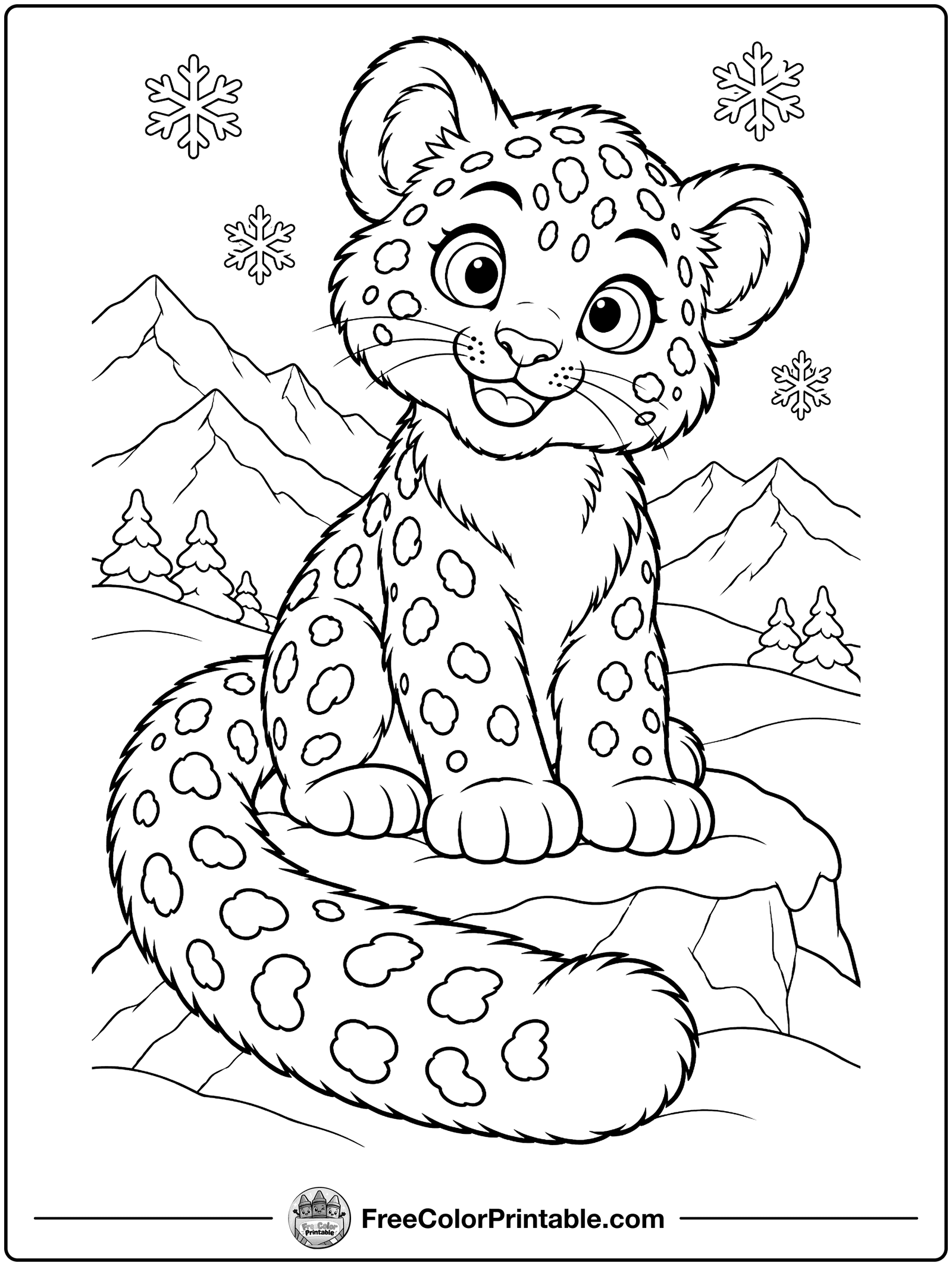 Snow Leopard Cub in the Mountains Coloring Page — free color printable