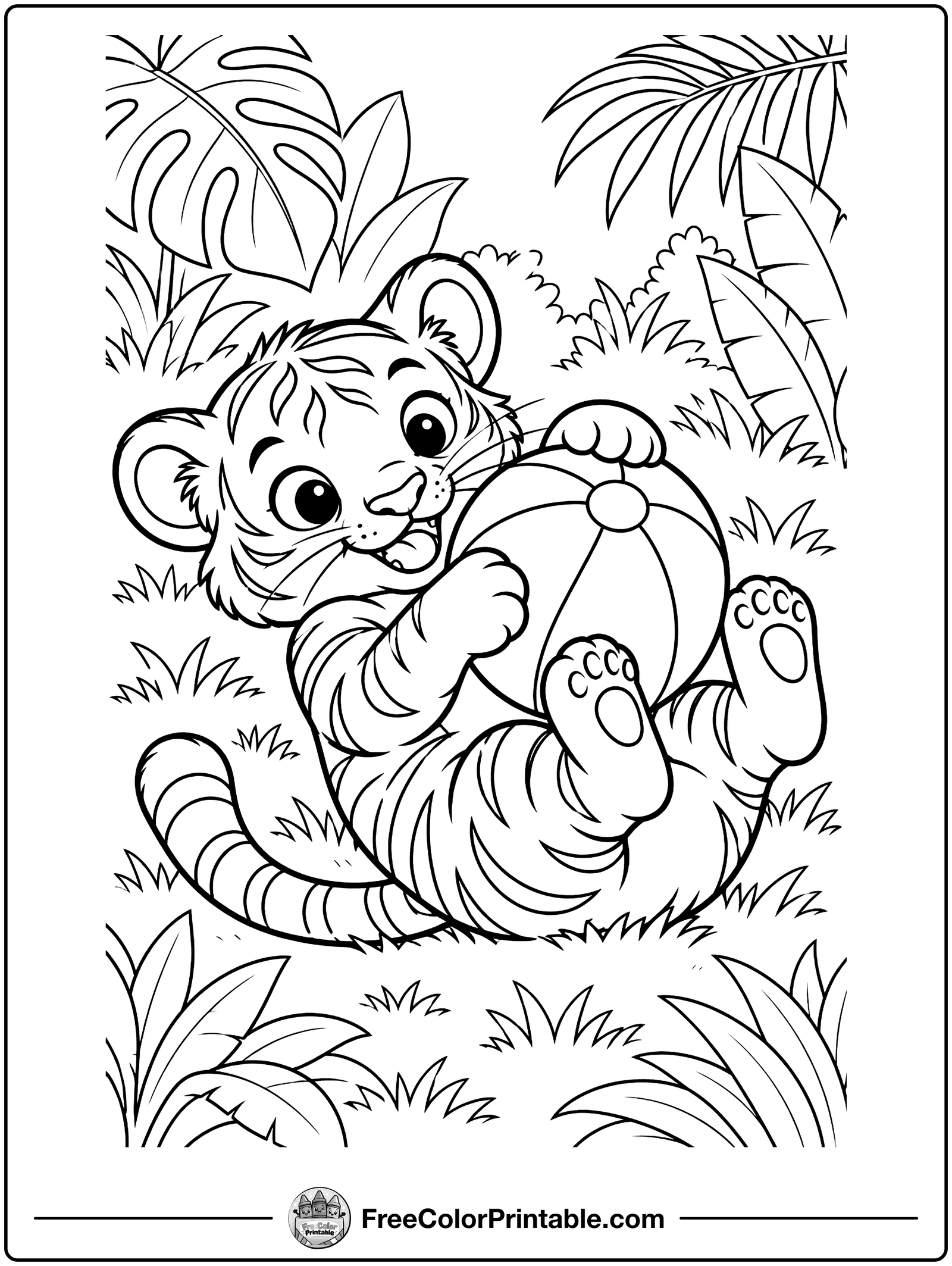 Tiger Cub Playing with a Ball Coloring Page — free color printable