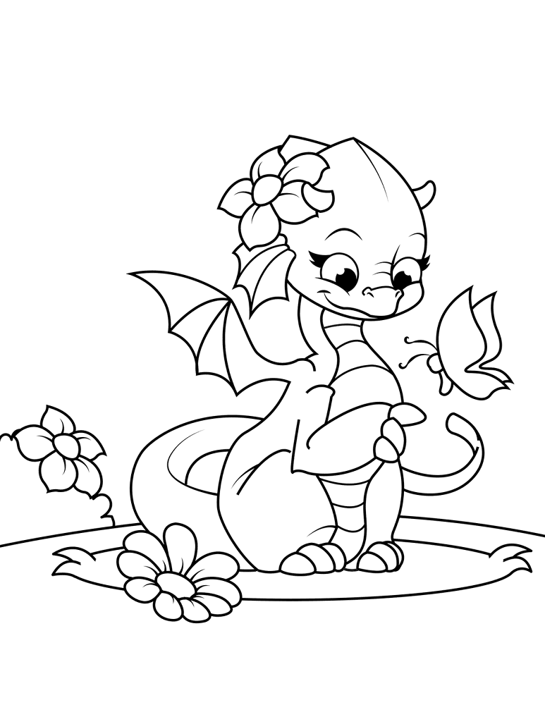Cute Girl Dragon Playing With Butterfly Coloring Page Md Coloring Page — Free Printable — free printable coloring page