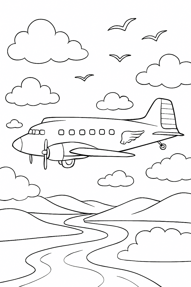 Airplane Flying Over Hills Md Coloring Page — Free Printable — free printable coloring page