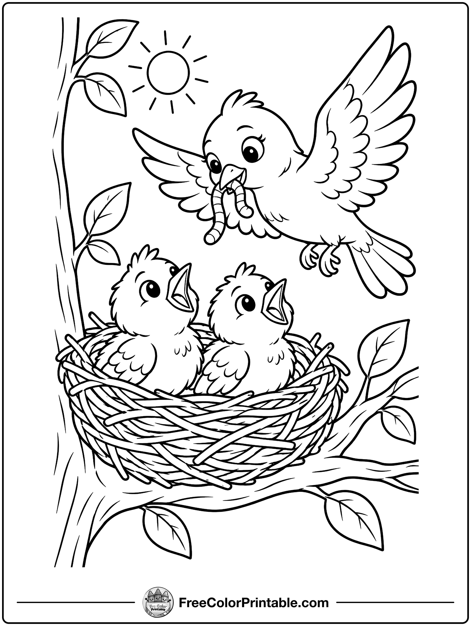 Baby Birds Waiting in the Nest Coloring Page — free color printable