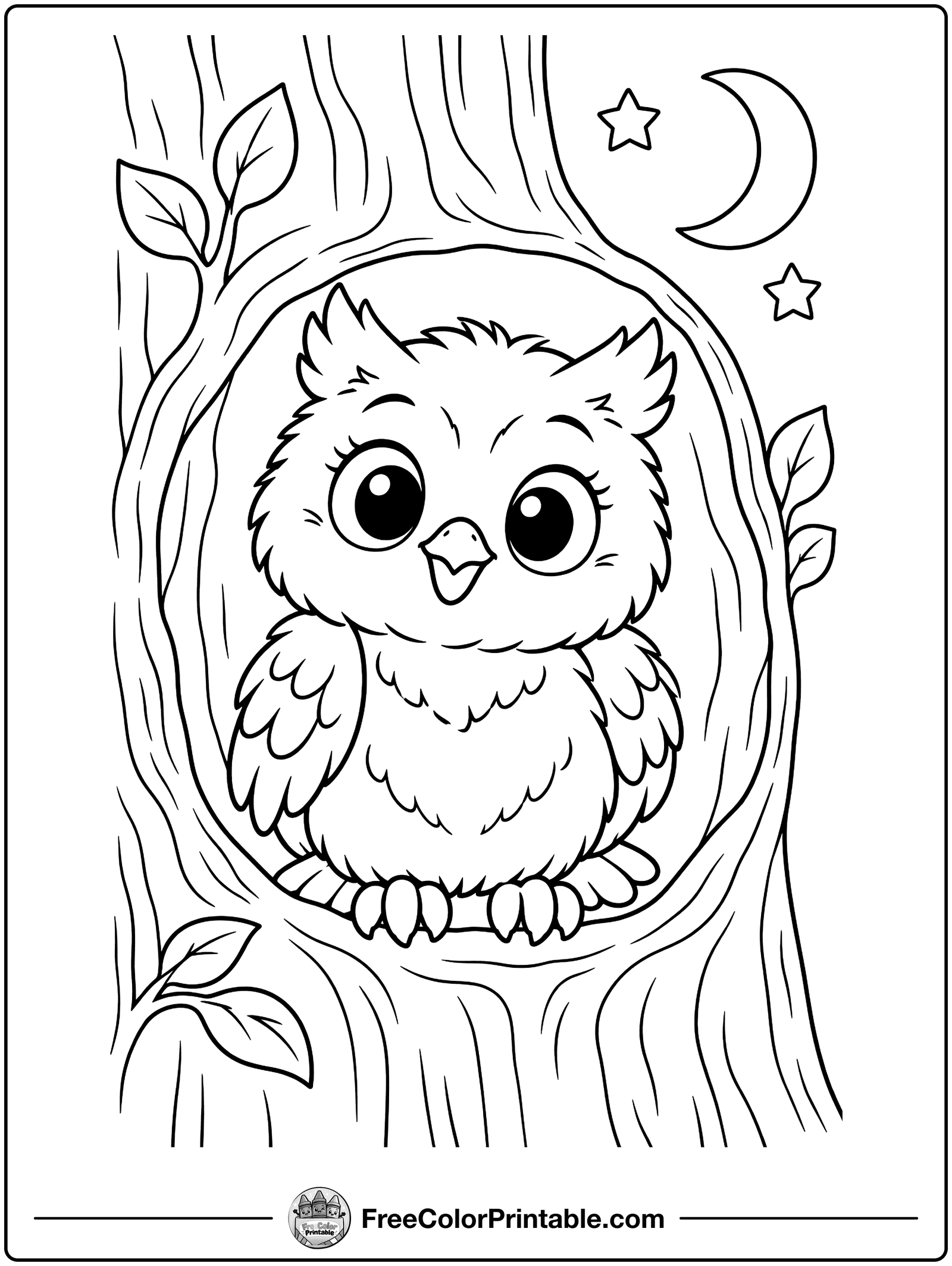 Baby Owl in a Tree Hollow Coloring Page — free color printable