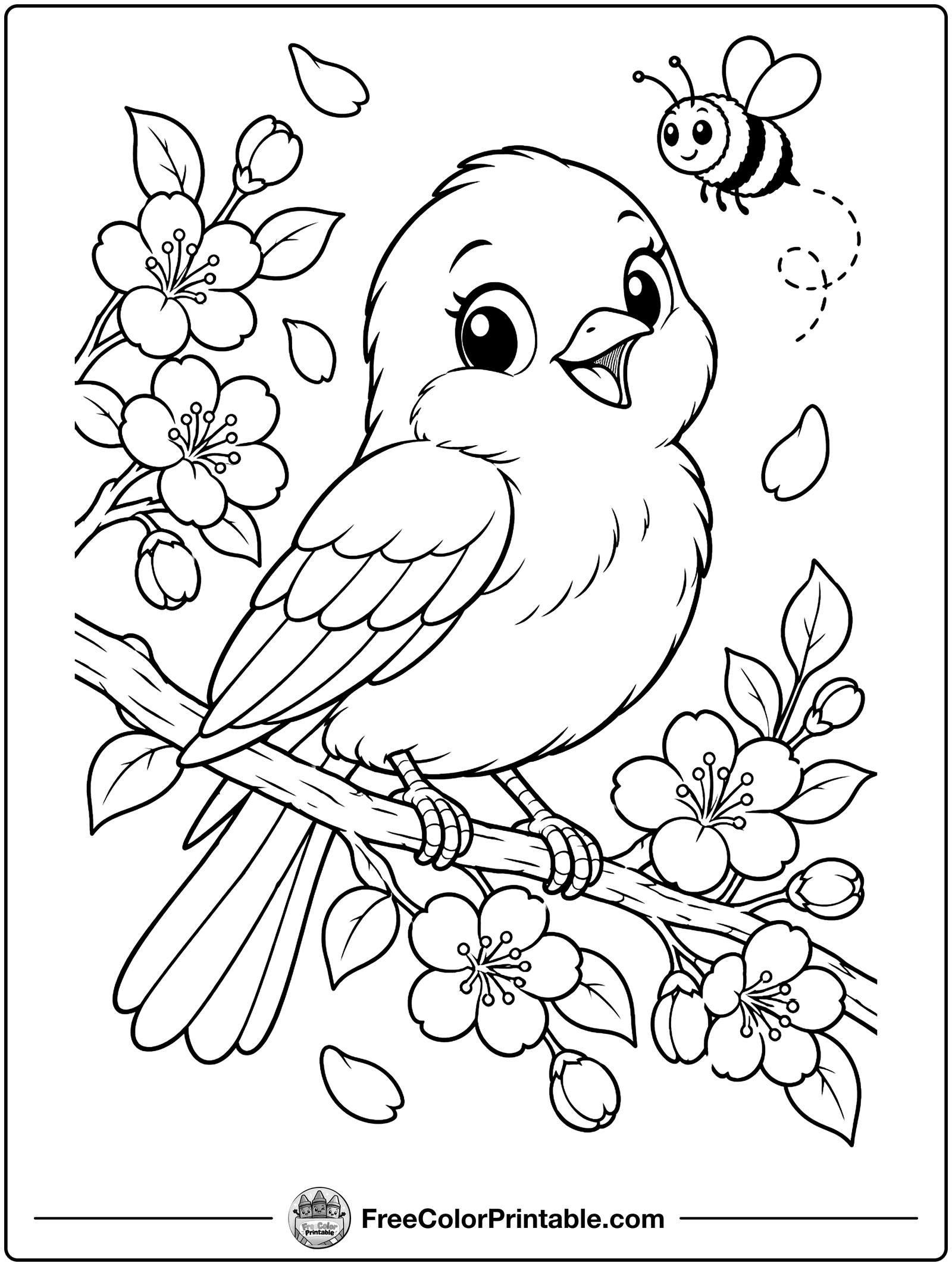 Bluebird in Spring Blossoms Coloring Page — free color printable