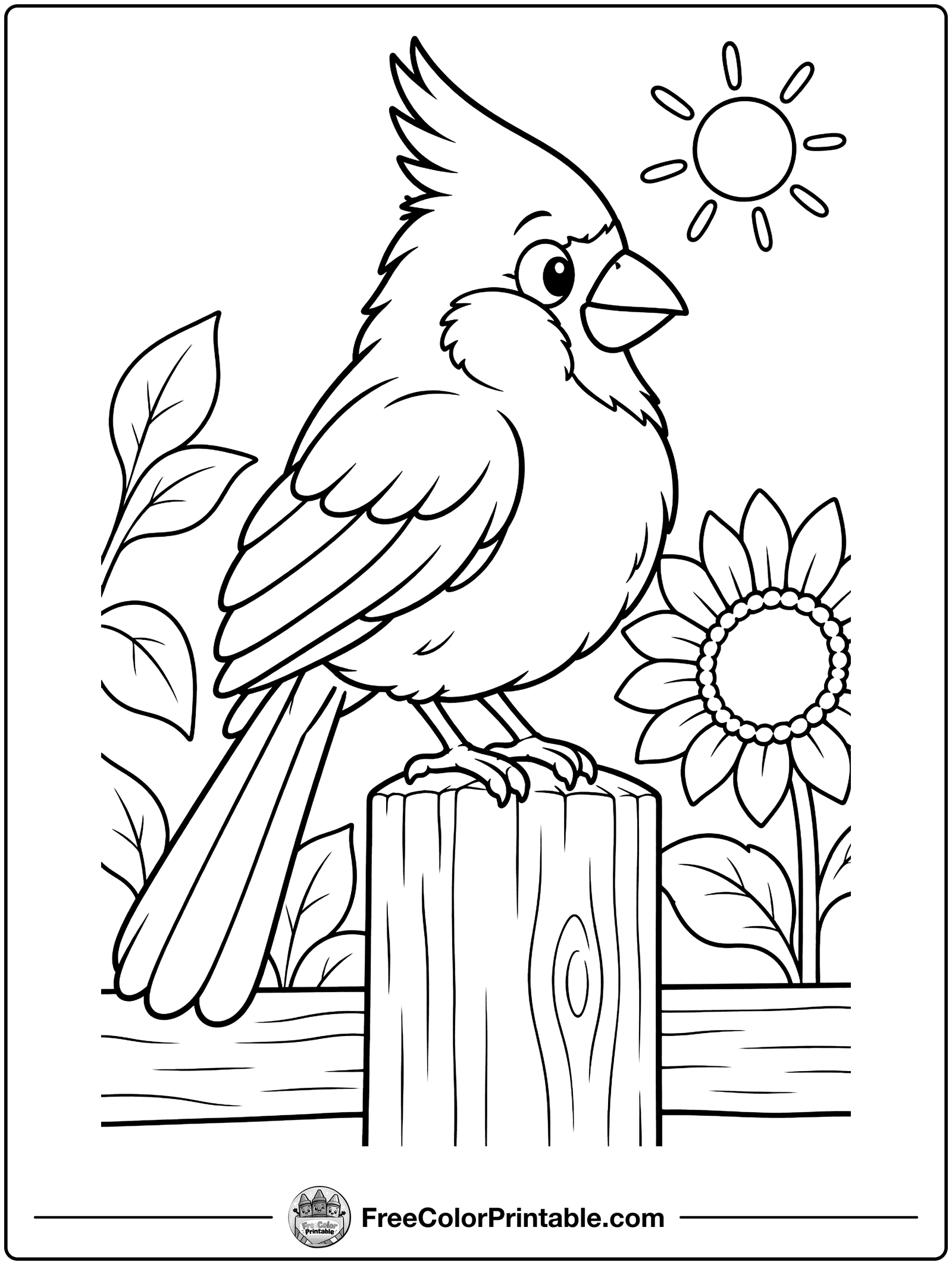 Cardinal on a Garden Fence Coloring Page — free color printable