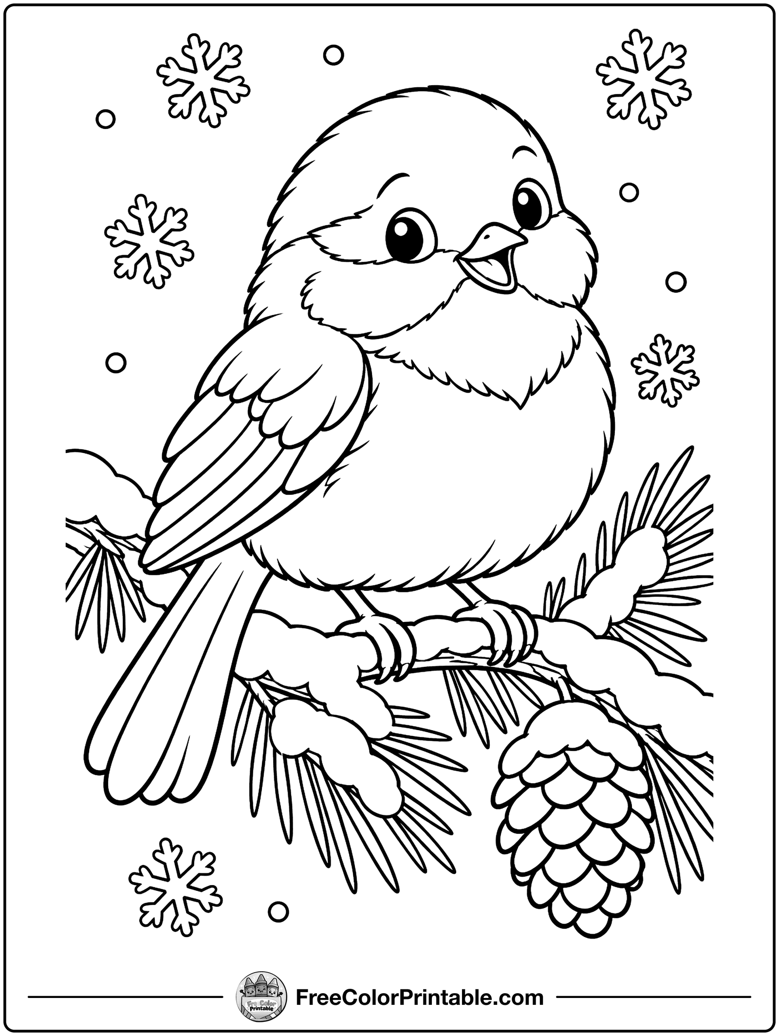 Chickadee in the Snow Coloring Page — free color printable