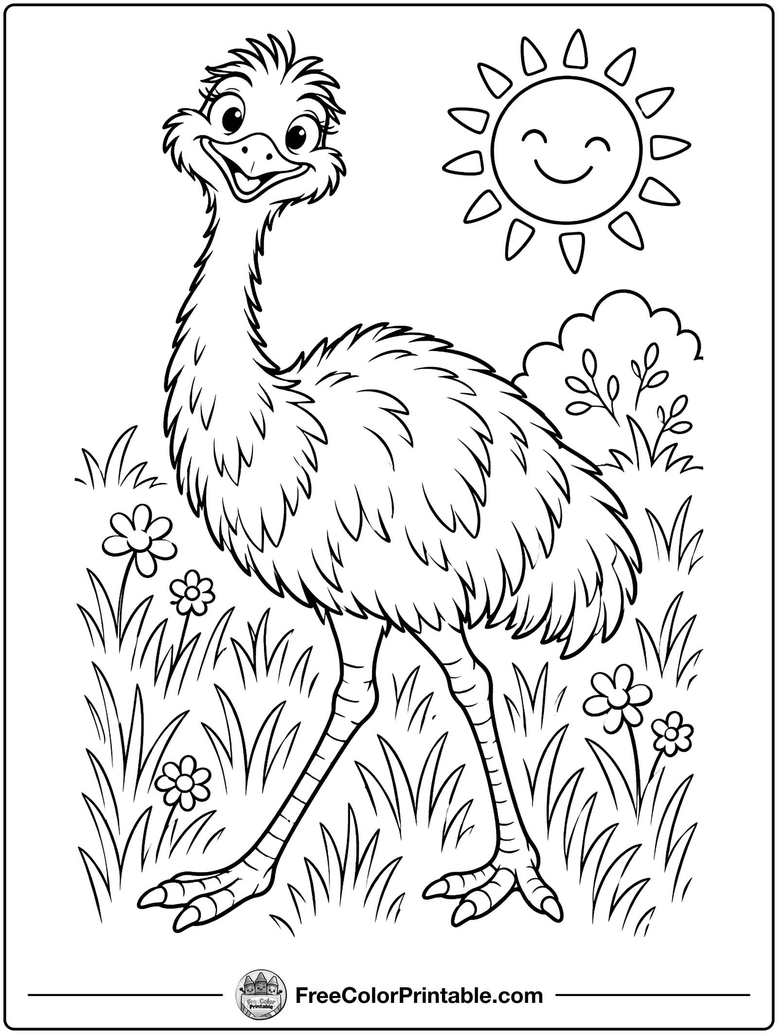Emu Strolling Through the Grass Coloring Page — free color printable