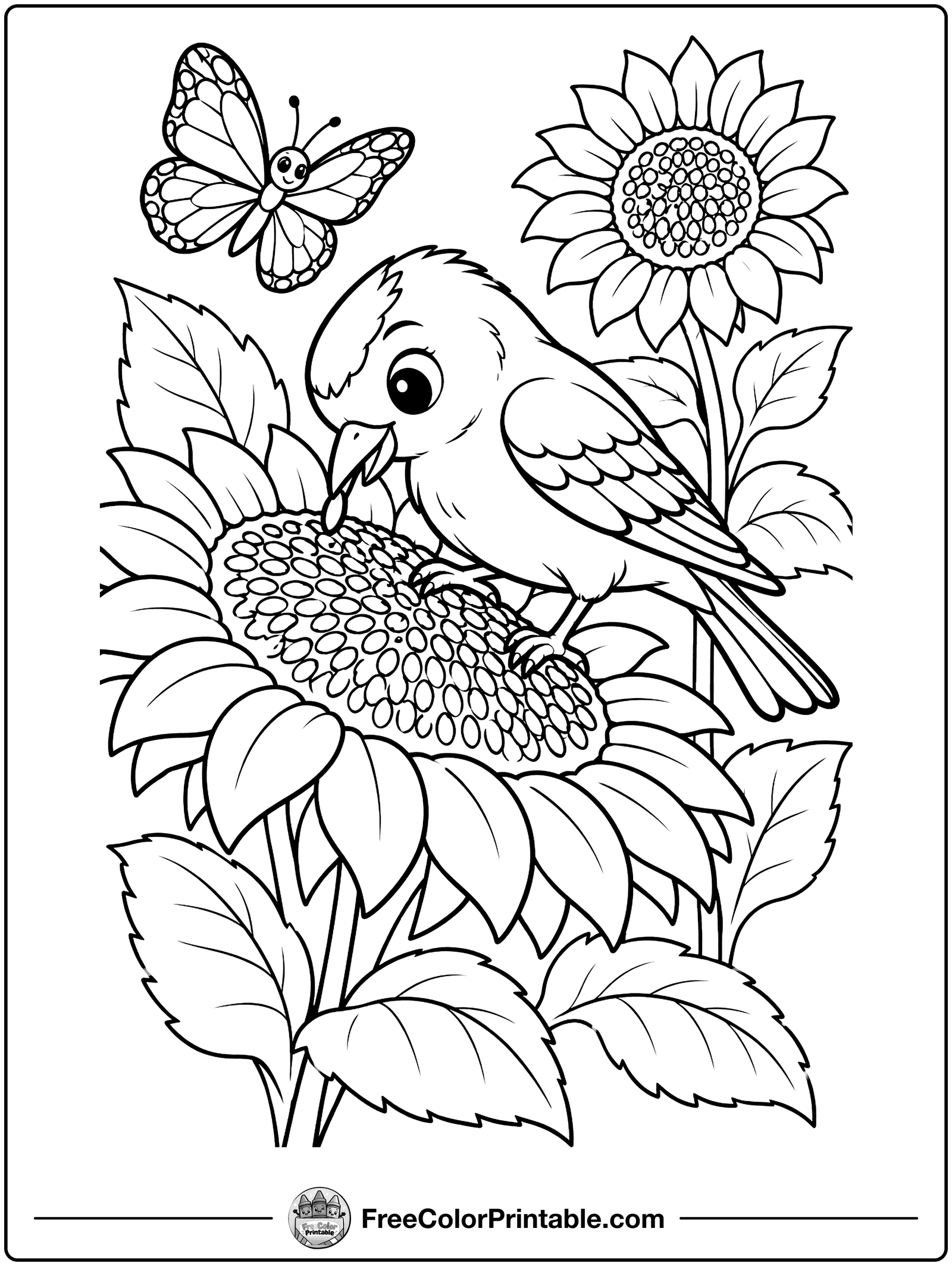 Goldfinch on a Sunflower Coloring Page — free color printable