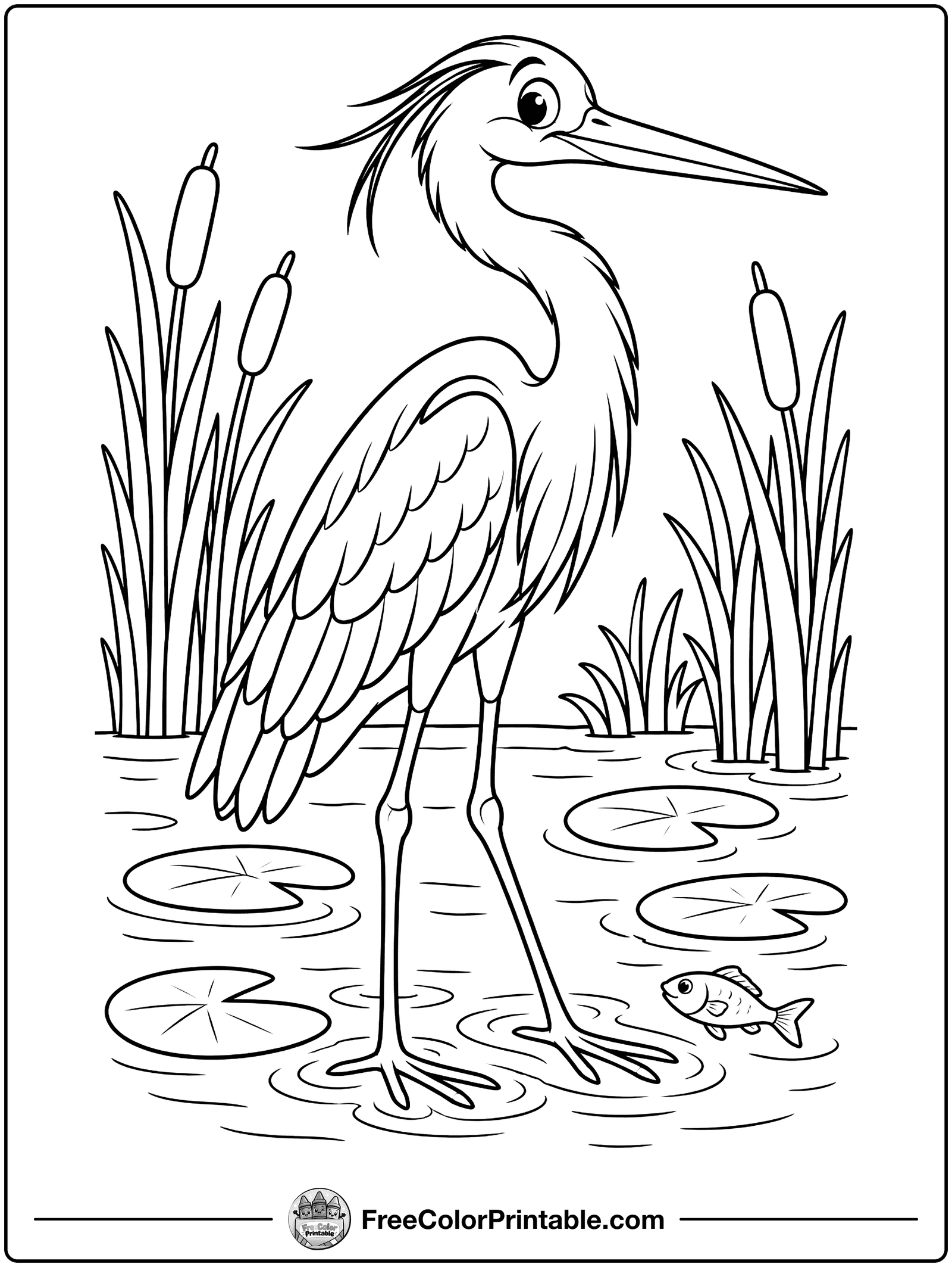 Great Blue Heron Wading Coloring Page — free color printable