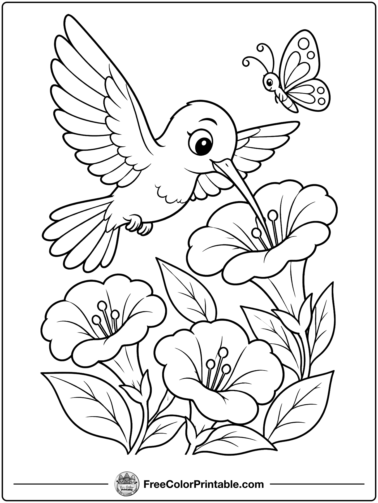 Hummingbird Sipping from a Flower Coloring Page — free color printable