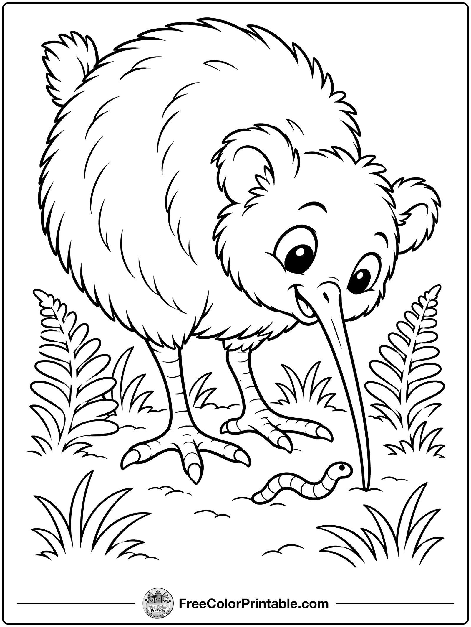 Kiwi Bird Sniffing for Worms Coloring Page — free color printable