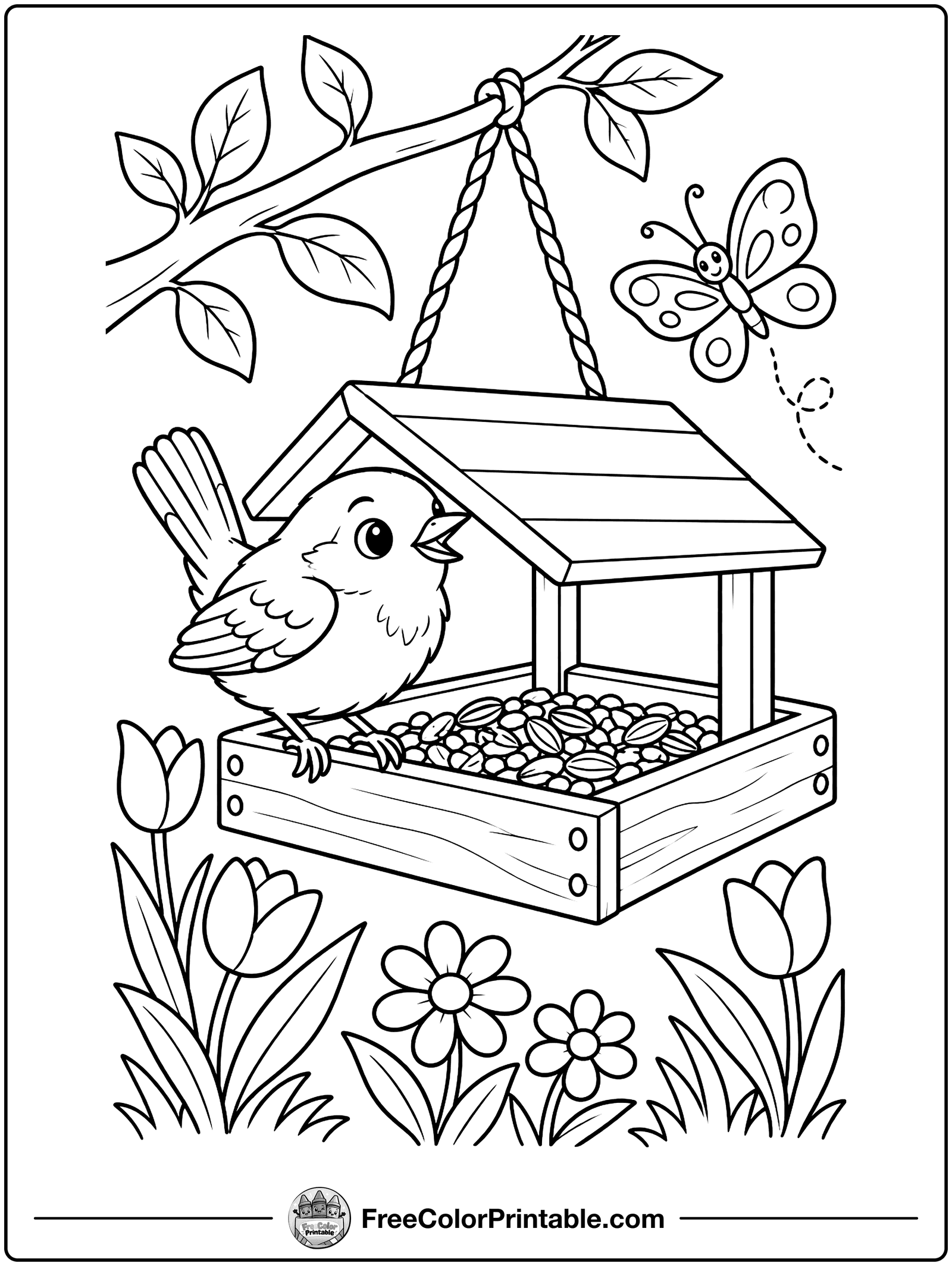 Little Wren at the Bird Feeder Coloring Page — free color printable