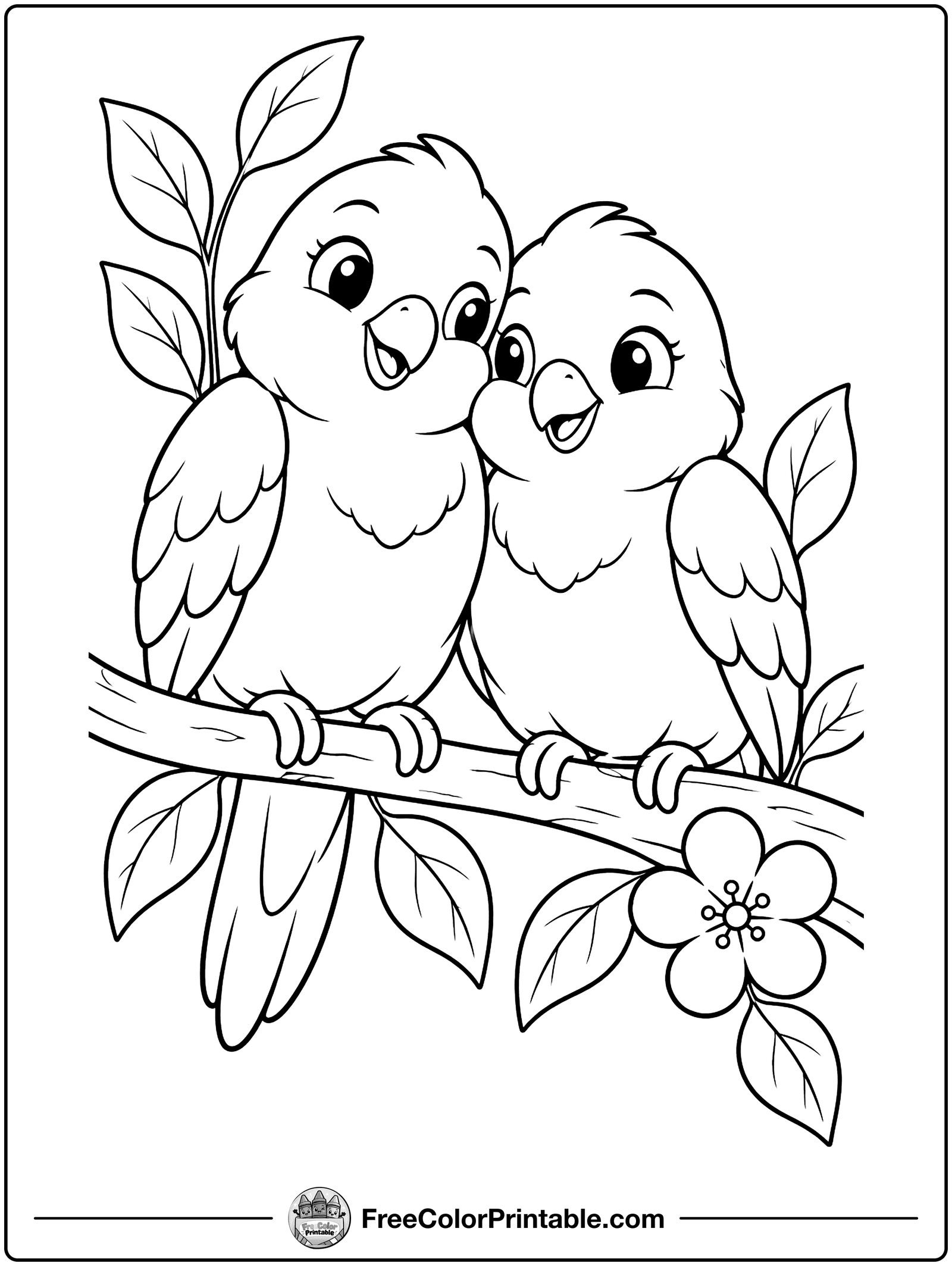 Lovebird Friends on a Branch Coloring Page — free color printable