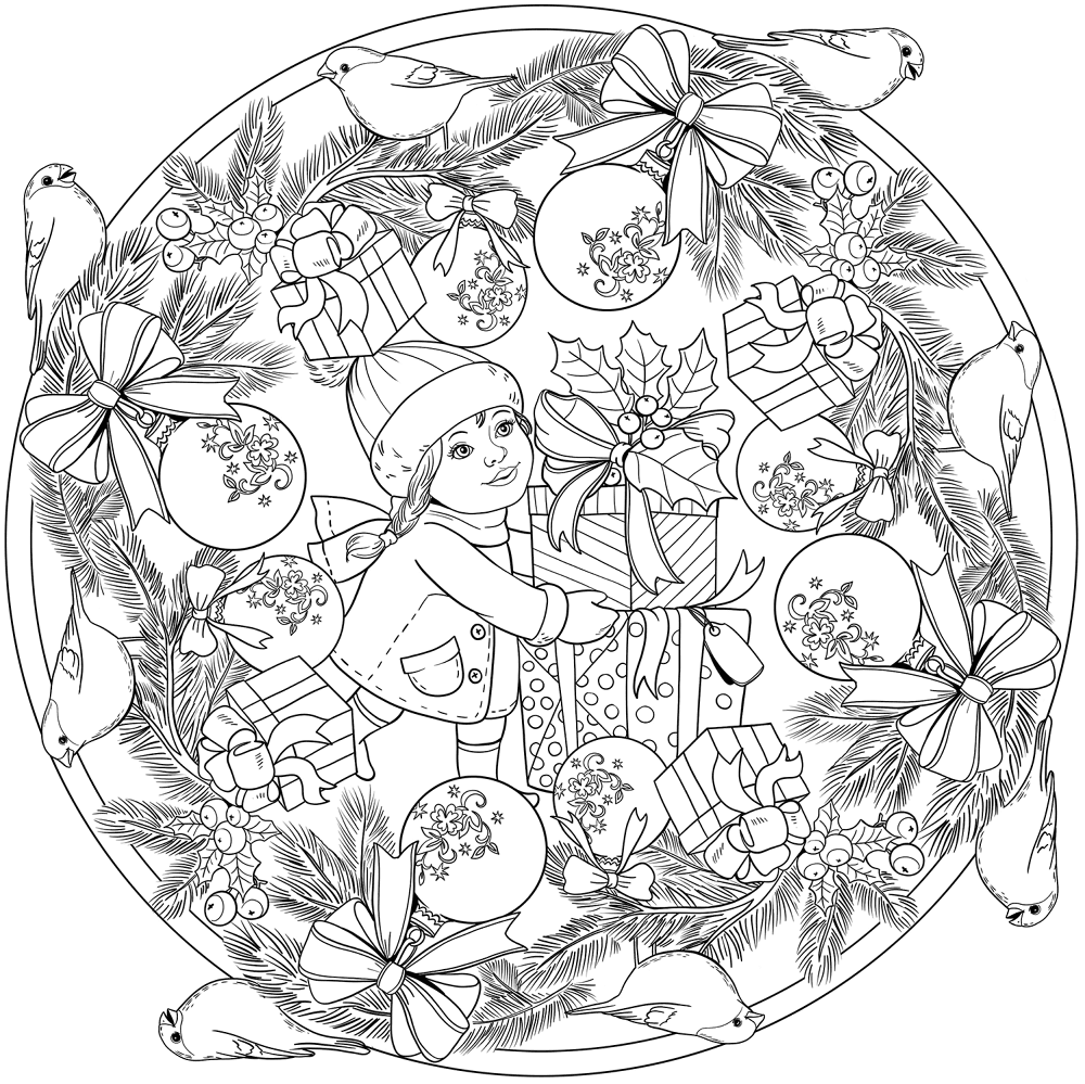 New Year Mandala With Little Girl Presents And Bullfinch Coloring Page Md Coloring Page — Free Printable — free printable coloring page