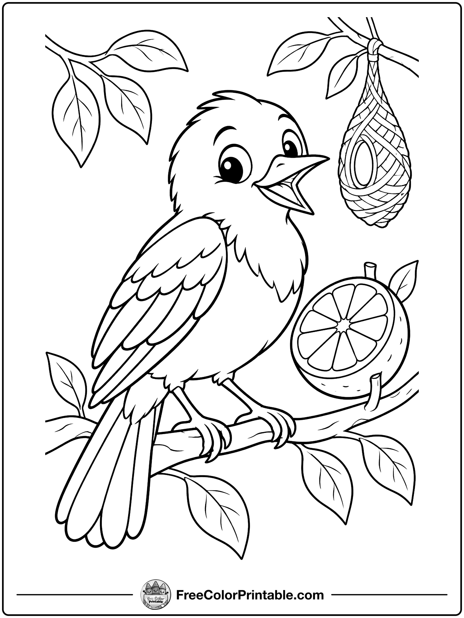 Oriole with an Orange Slice Coloring Page — free color printable