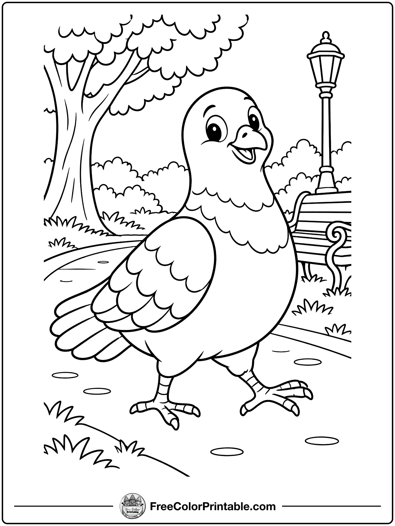 Pigeon in the City Park Coloring Page — free color printable