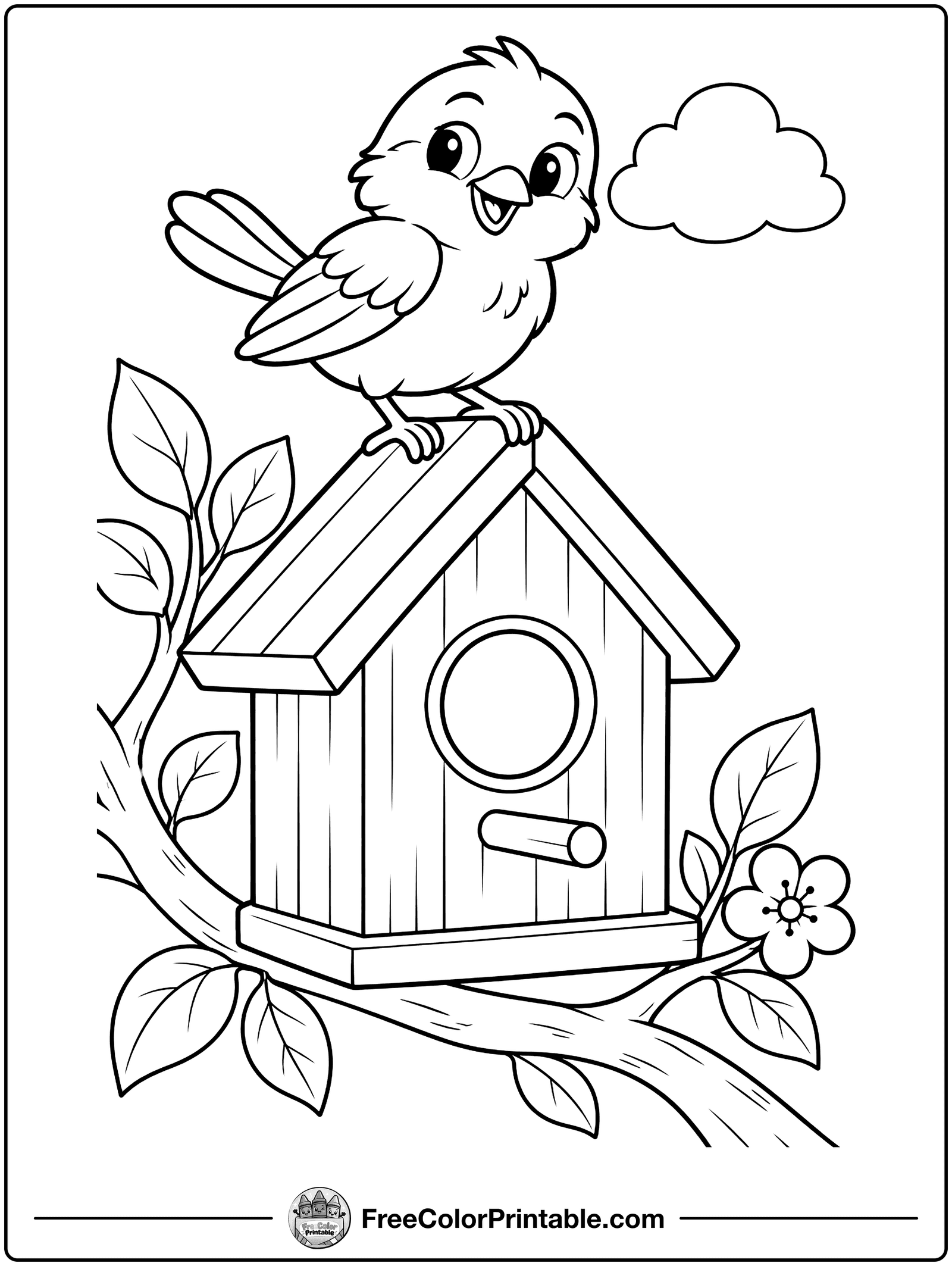 Sparrow on a Little Birdhouse Coloring Page — free color printable