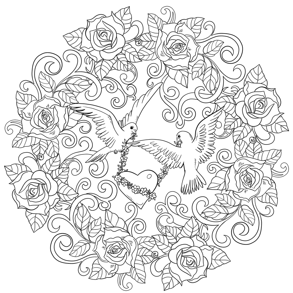 St Valentine Mandala With Two Doves And Heart Coloring Page Md Coloring Page — Free Printable — free printable coloring page