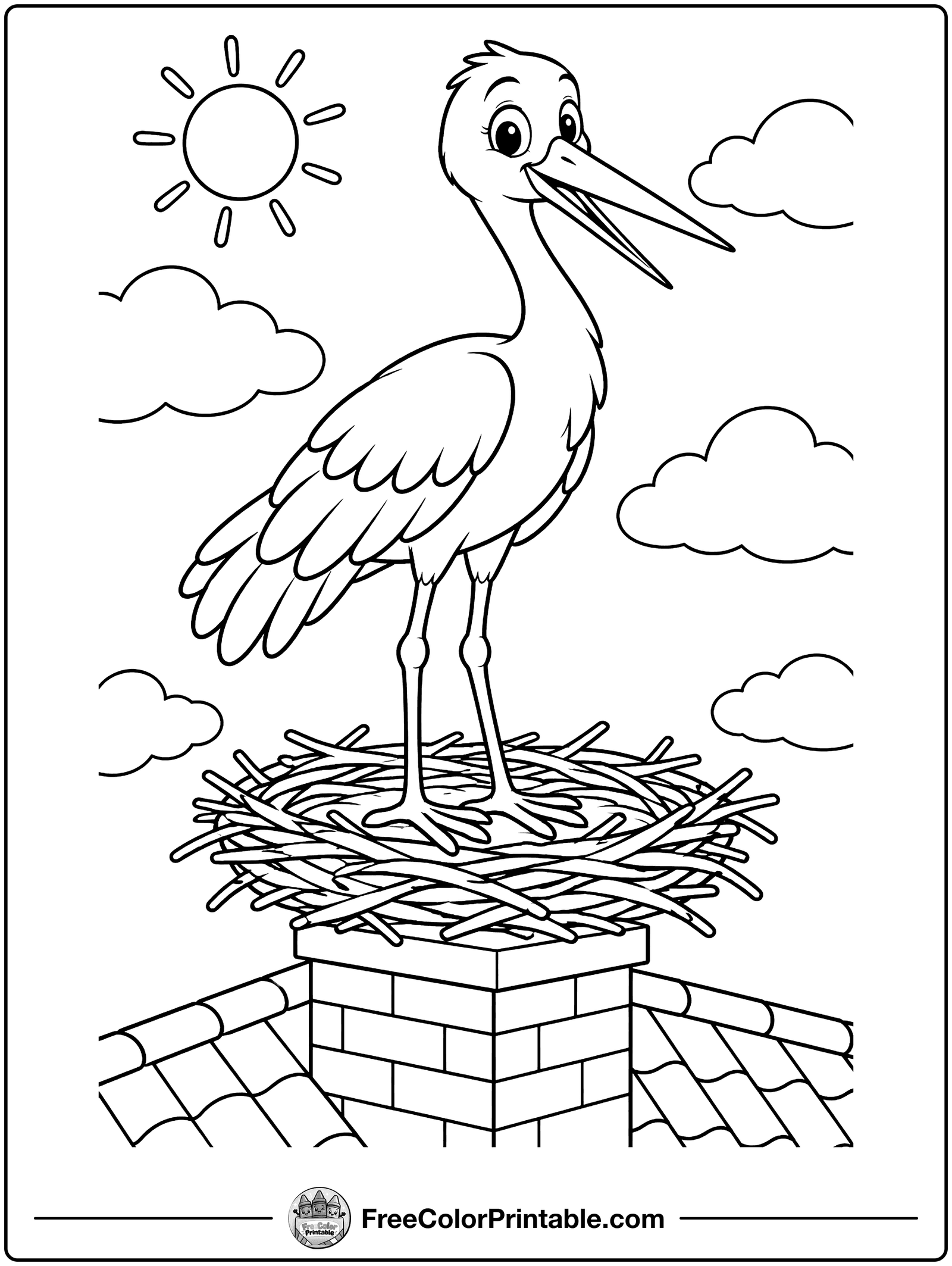 Stork on a Rooftop Nest Coloring Page — free color printable