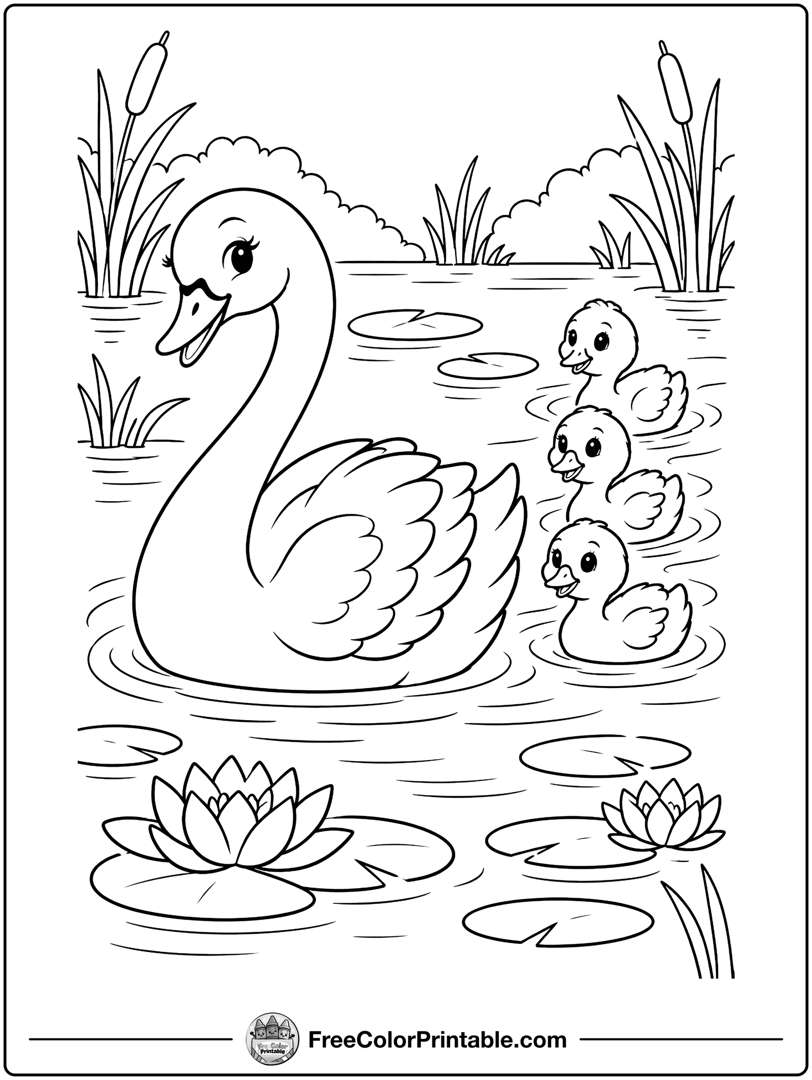 Swan and Her Cygnets Coloring Page — free color printable