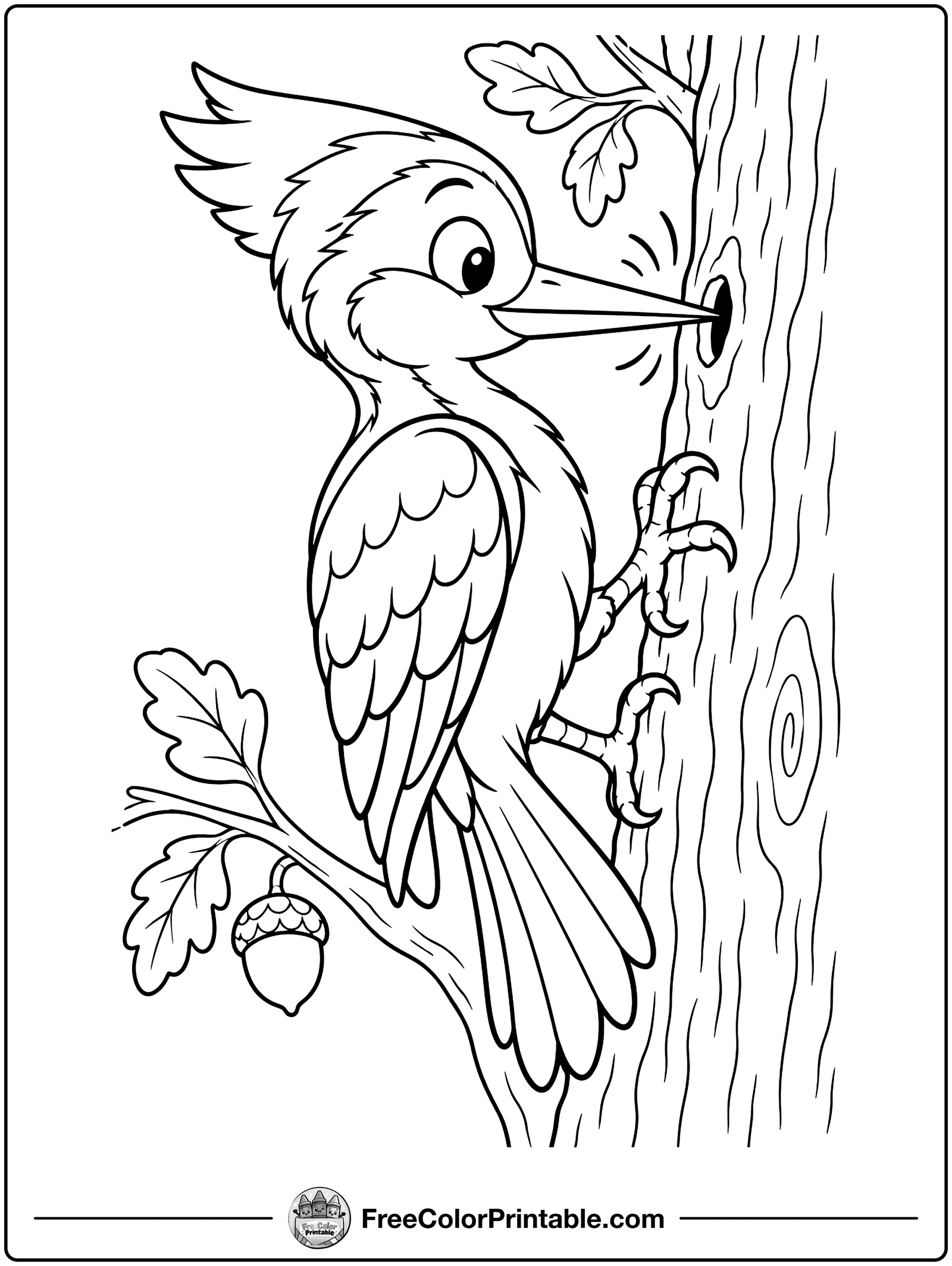 Woodpecker Pecking a Tree Coloring Page — free color printable