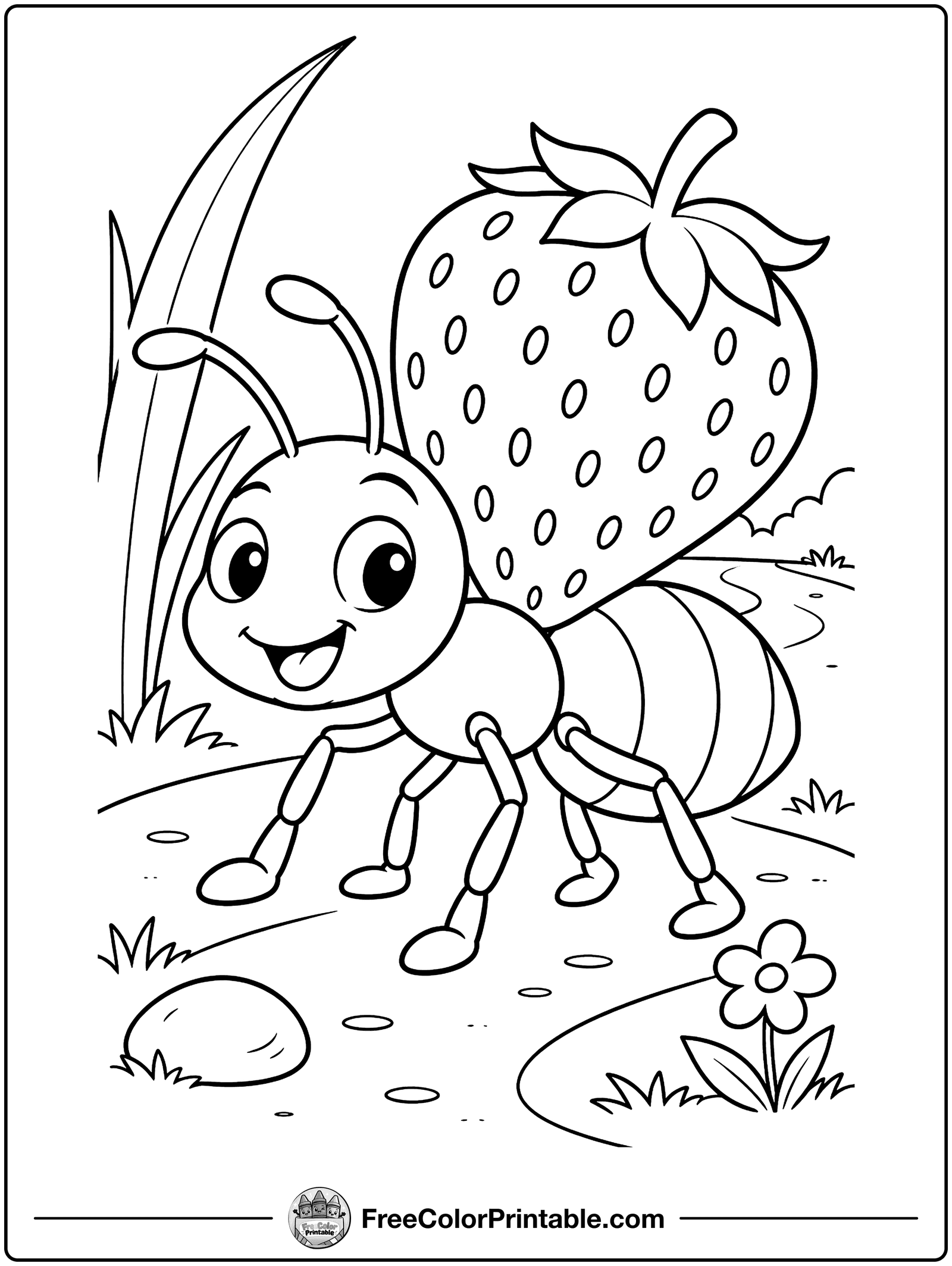 Ant Carrying a Big Strawberry Coloring Page — free color printable