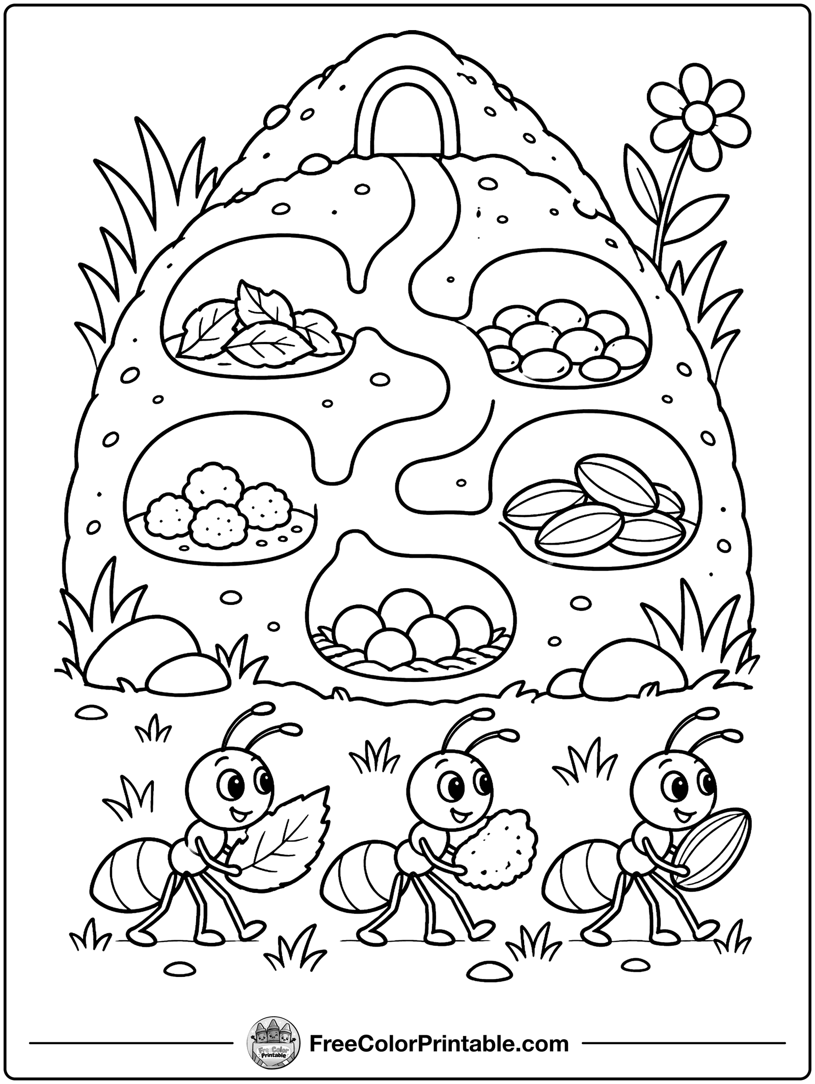 Ants Building an Ant Hill Coloring Page — free color printable