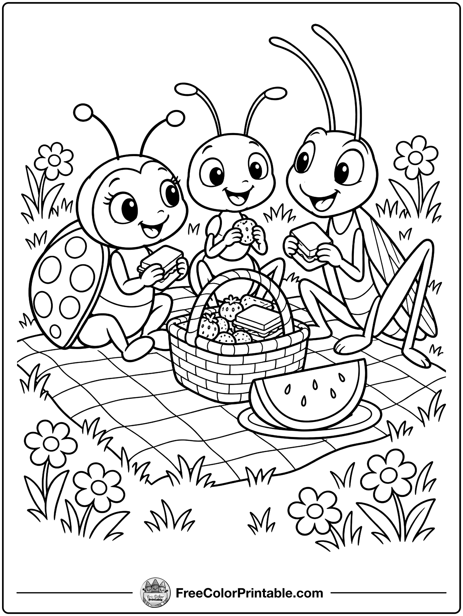 Bug Friends Having a Picnic Coloring Page — free color printable