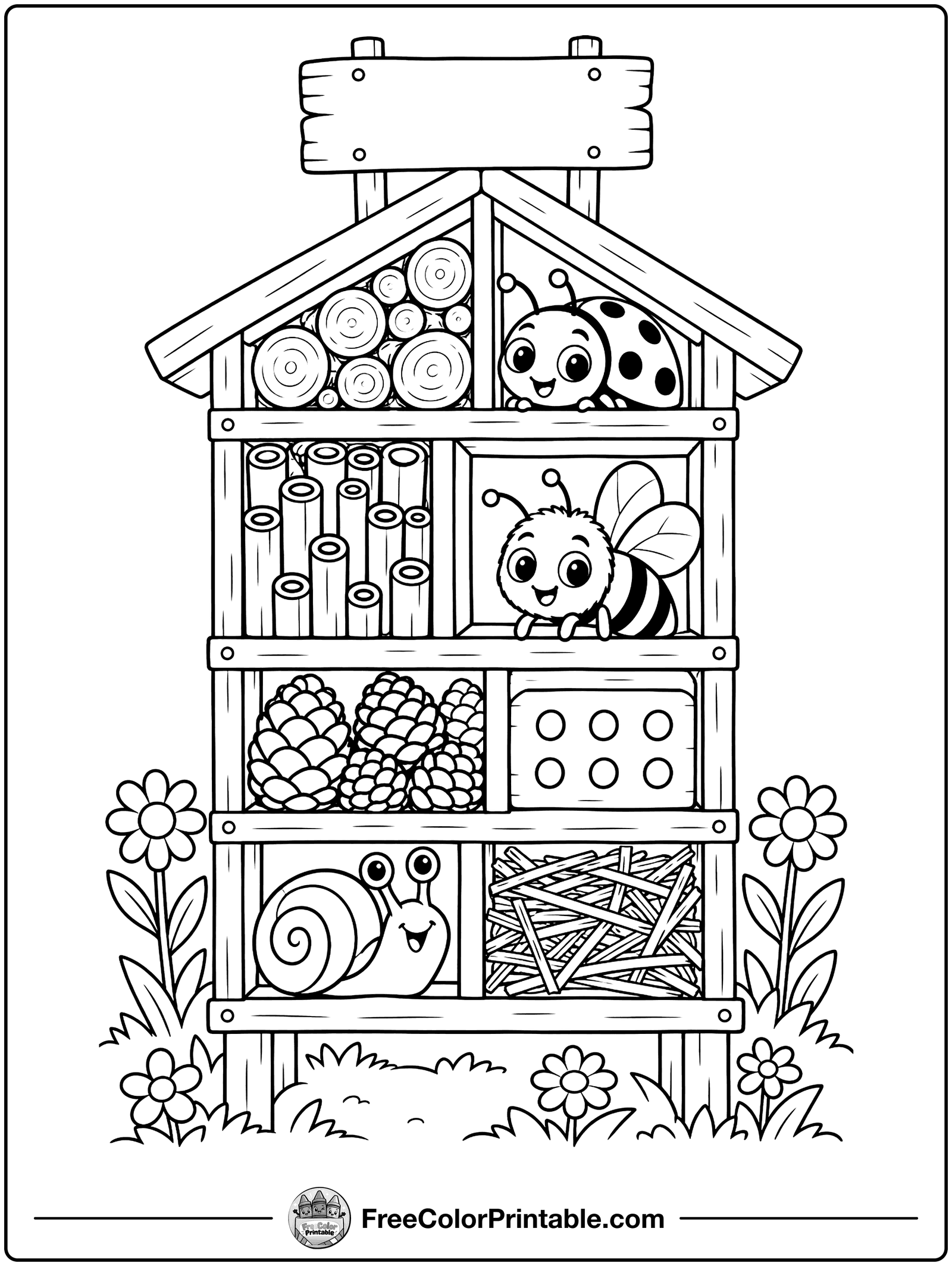 Bug Hotel in the Garden Coloring Page — free color printable