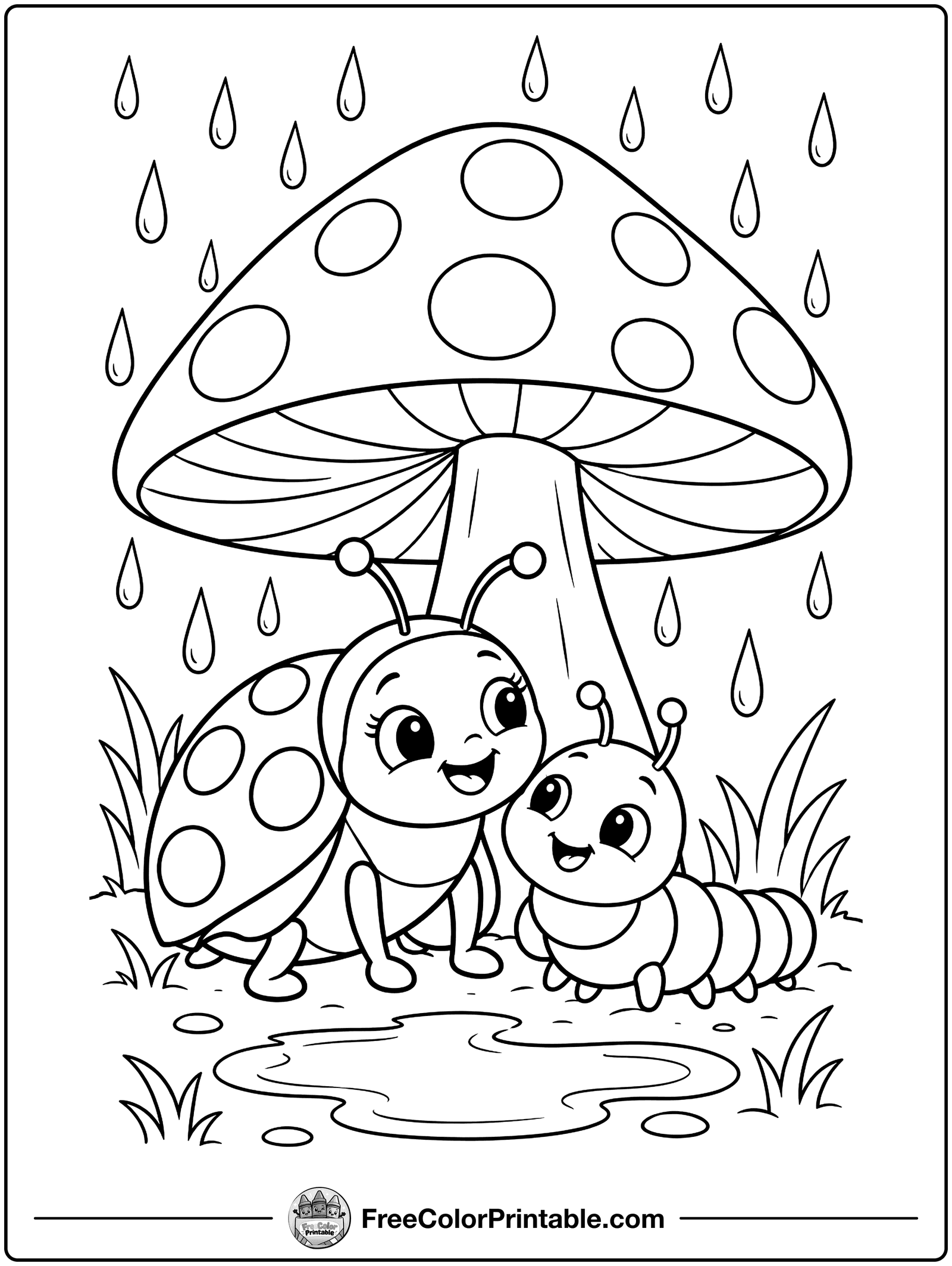 Bugs Under a Mushroom Umbrella Coloring Page — free color printable