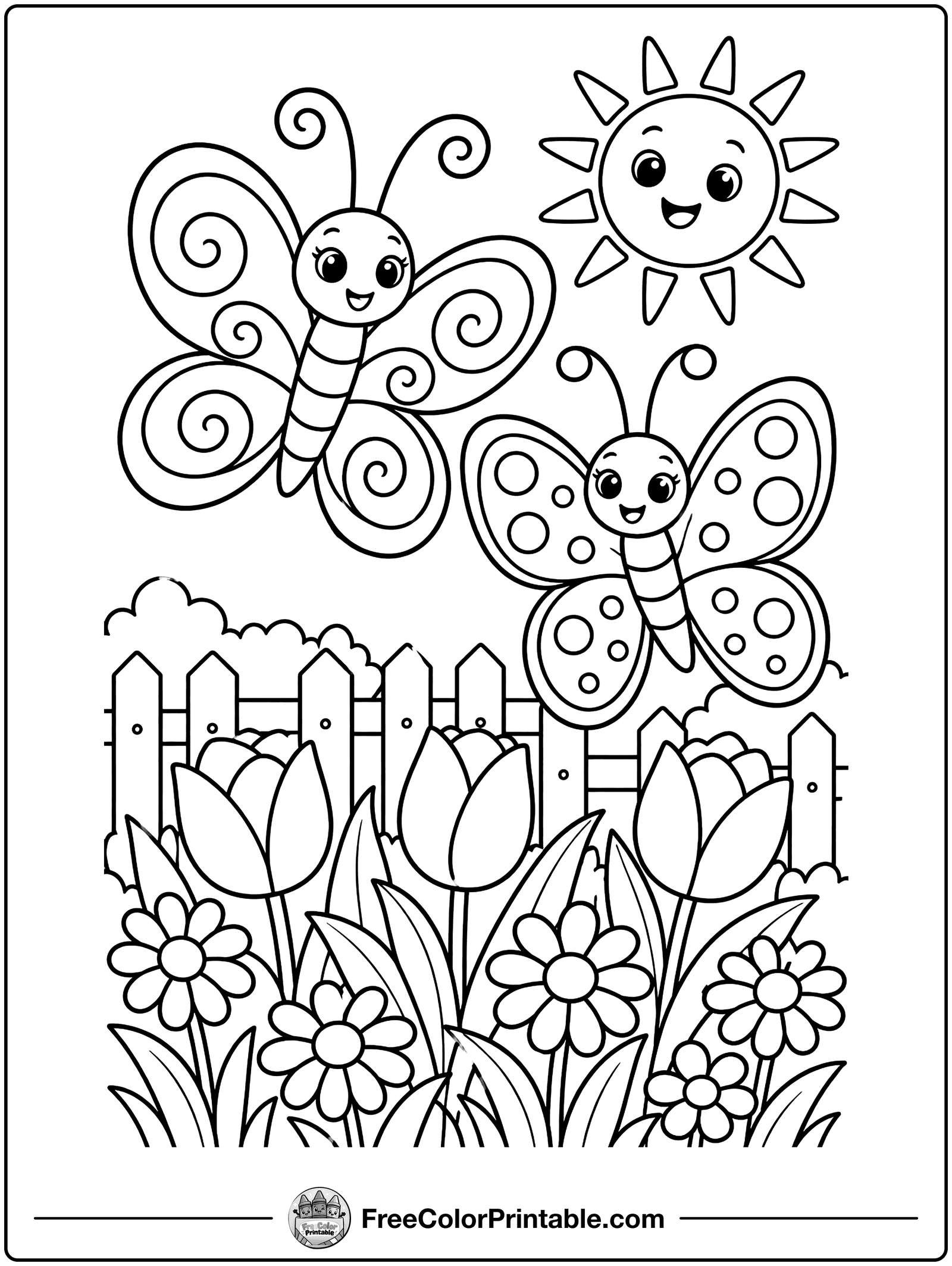 Butterflies in a Flower Garden Coloring Page — free color printable