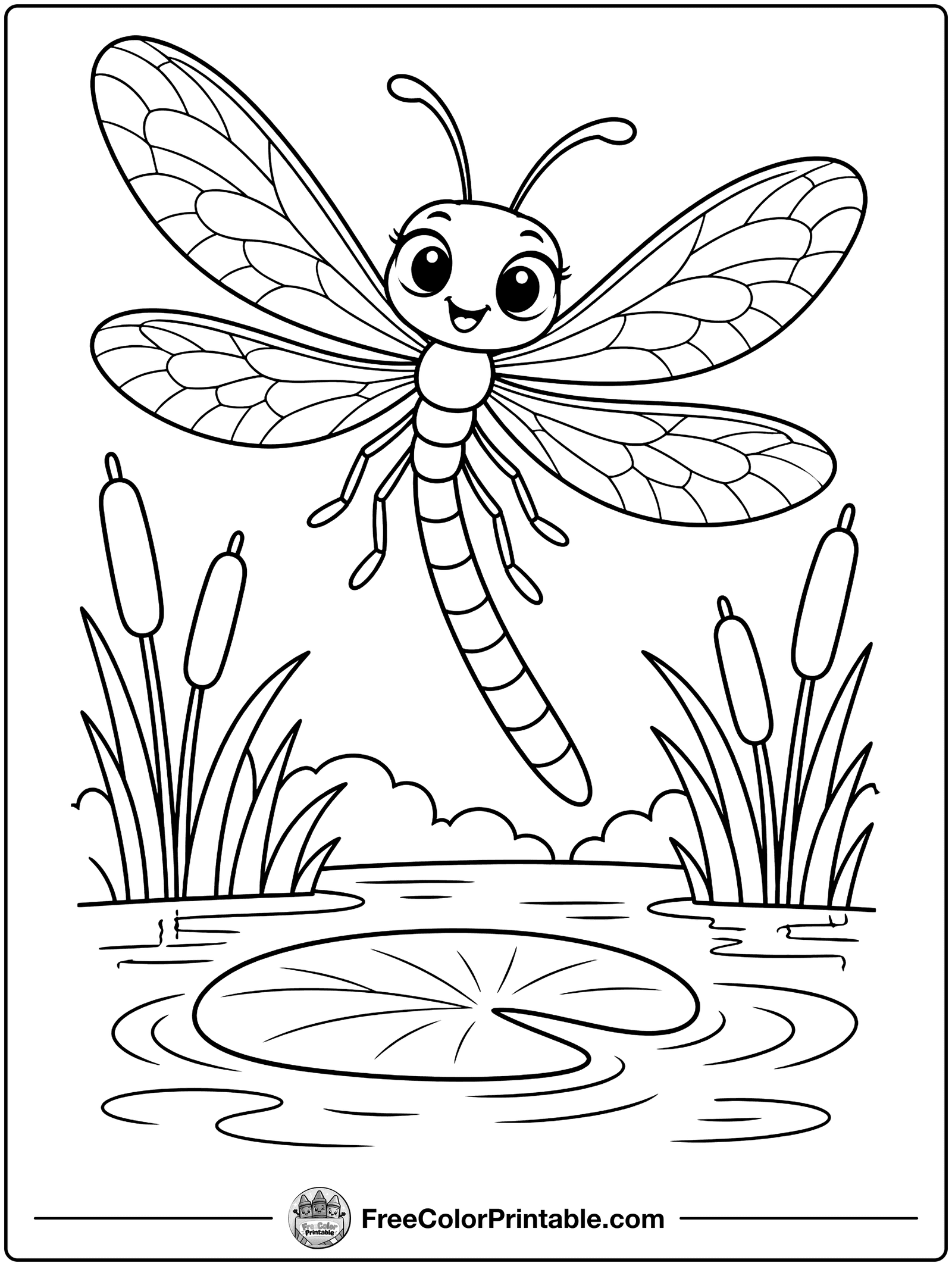 Dragonfly by the Pond Coloring Page — free color printable